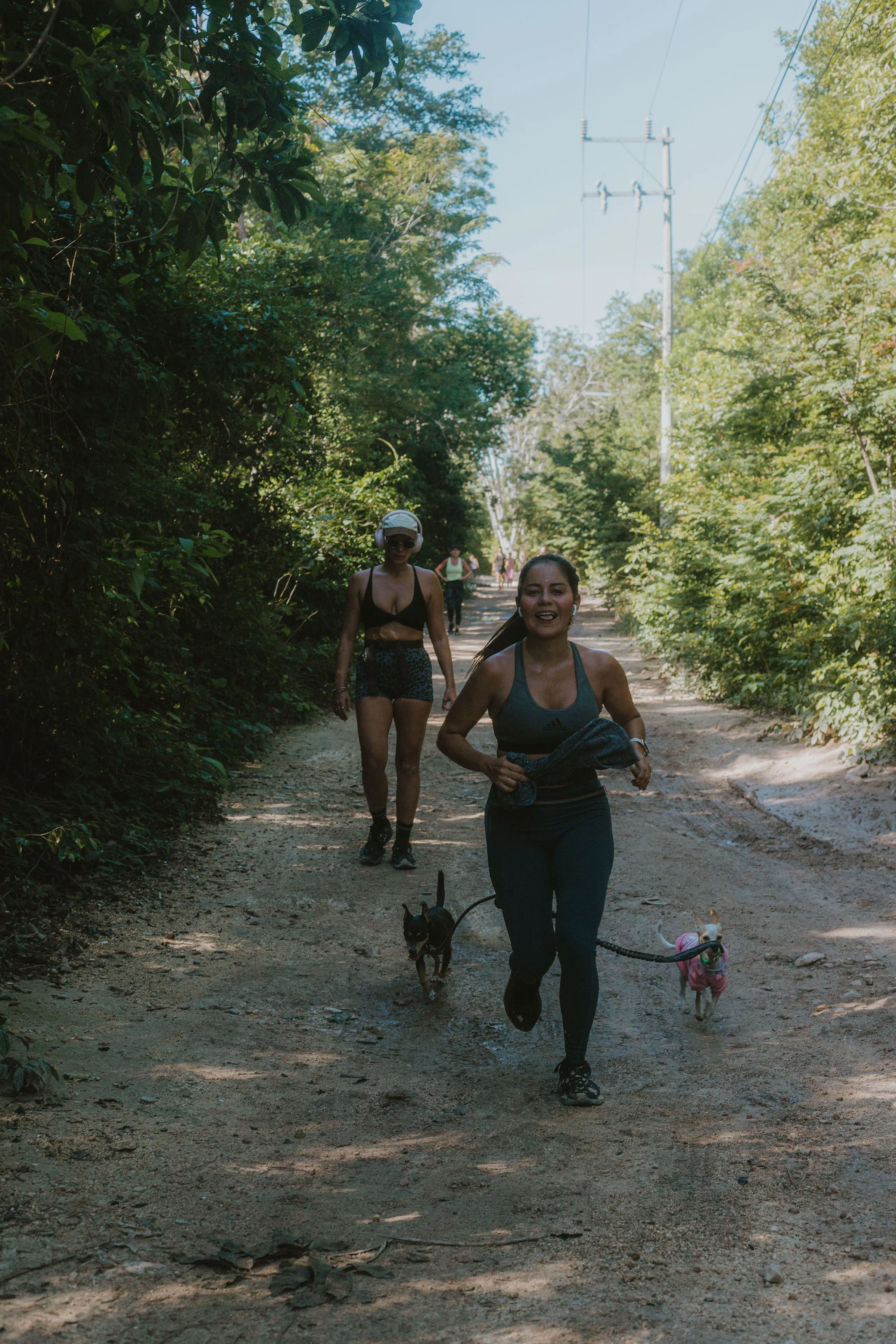 Run Tulum - A woman running on a dirt trail with two small dogs dressed in pink and black, surrounded by green trees under a blue sky.
