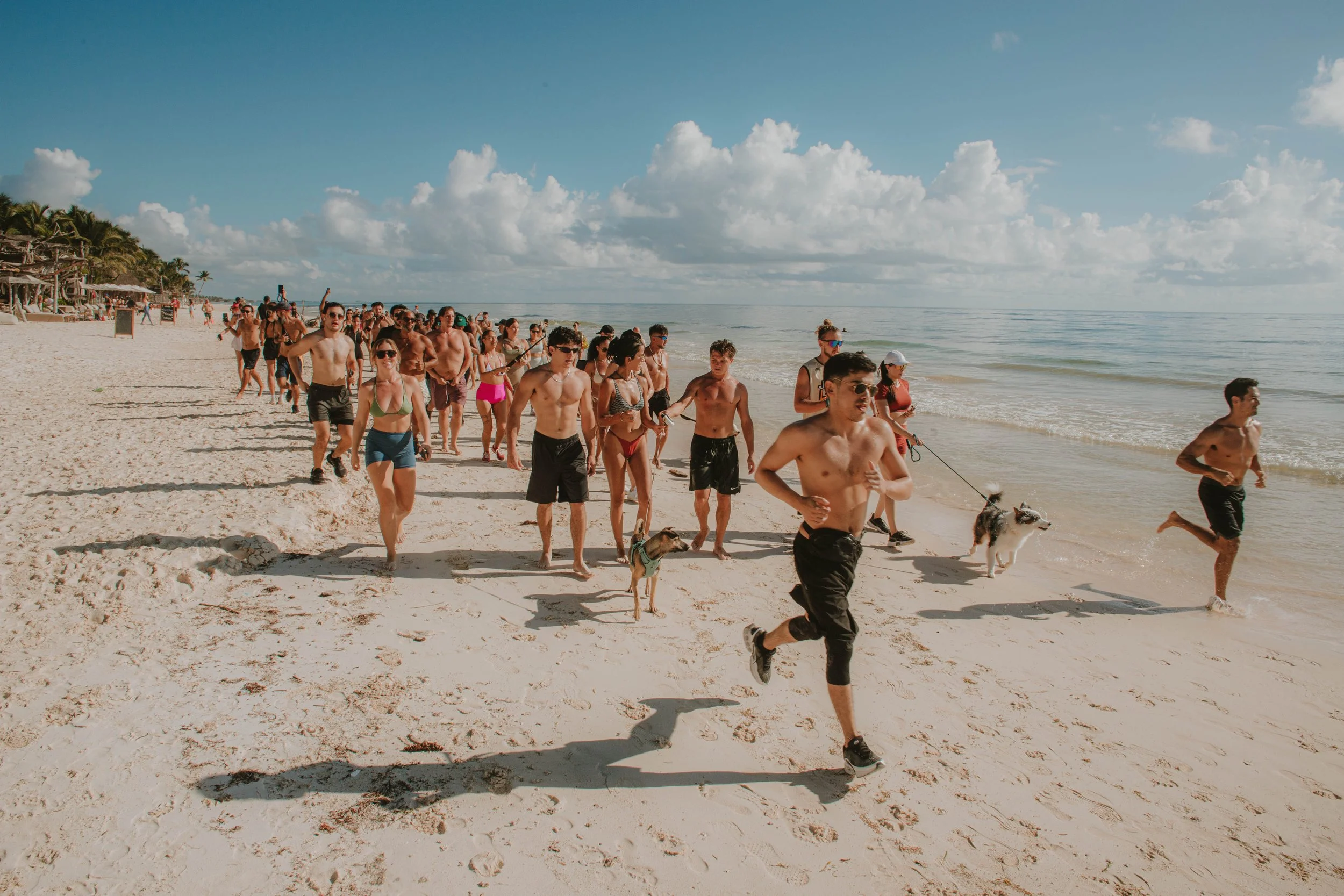 Run Tulum - Large group of people running along a sandy beach near the ocean, some with dogs, under a partly cloudy sky.