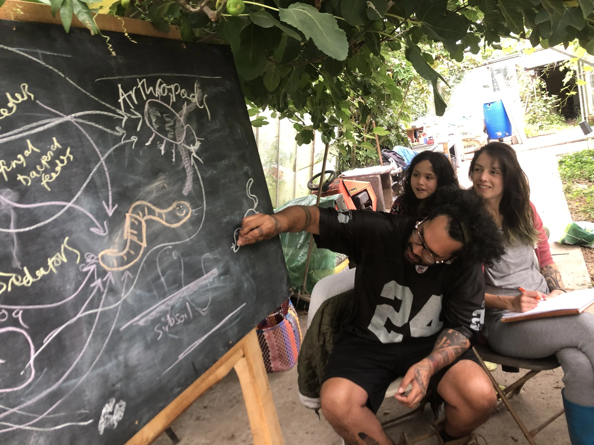A man with glasses and tattoos is drawing a diagram of a worm and related biological terms on a blackboard, while two young girls watch and smile.