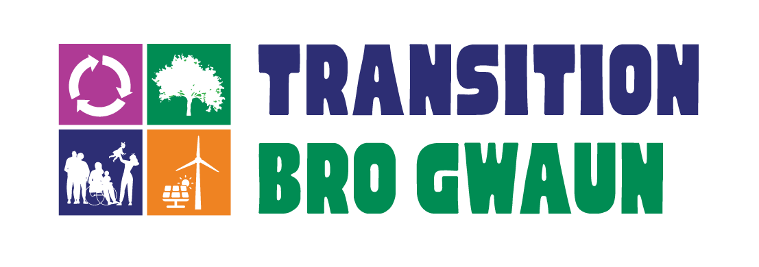 Logo for Transition Bro Gwaun featuring a recycle symbol, a tree, a family with children, and a wind turbine.