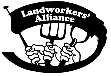 Logo of the Landworker's Alliance with a graphic of a plow and tangled roots