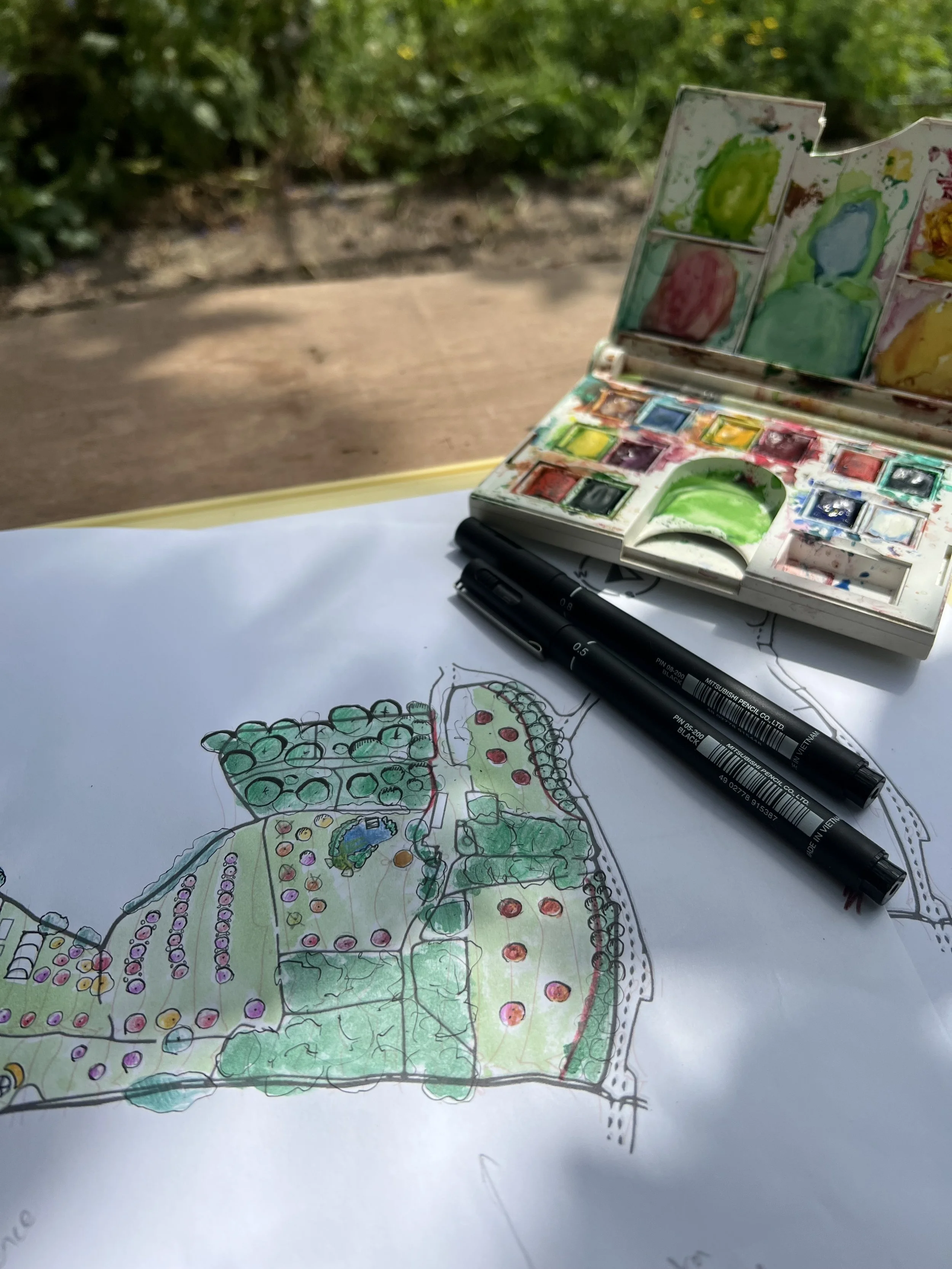 A hand-drawn garden map with colorful markers and watercolor paints on a sheet of paper, a black pen, and a watercolor palette on an outdoor wooden surface with greenery in the background.