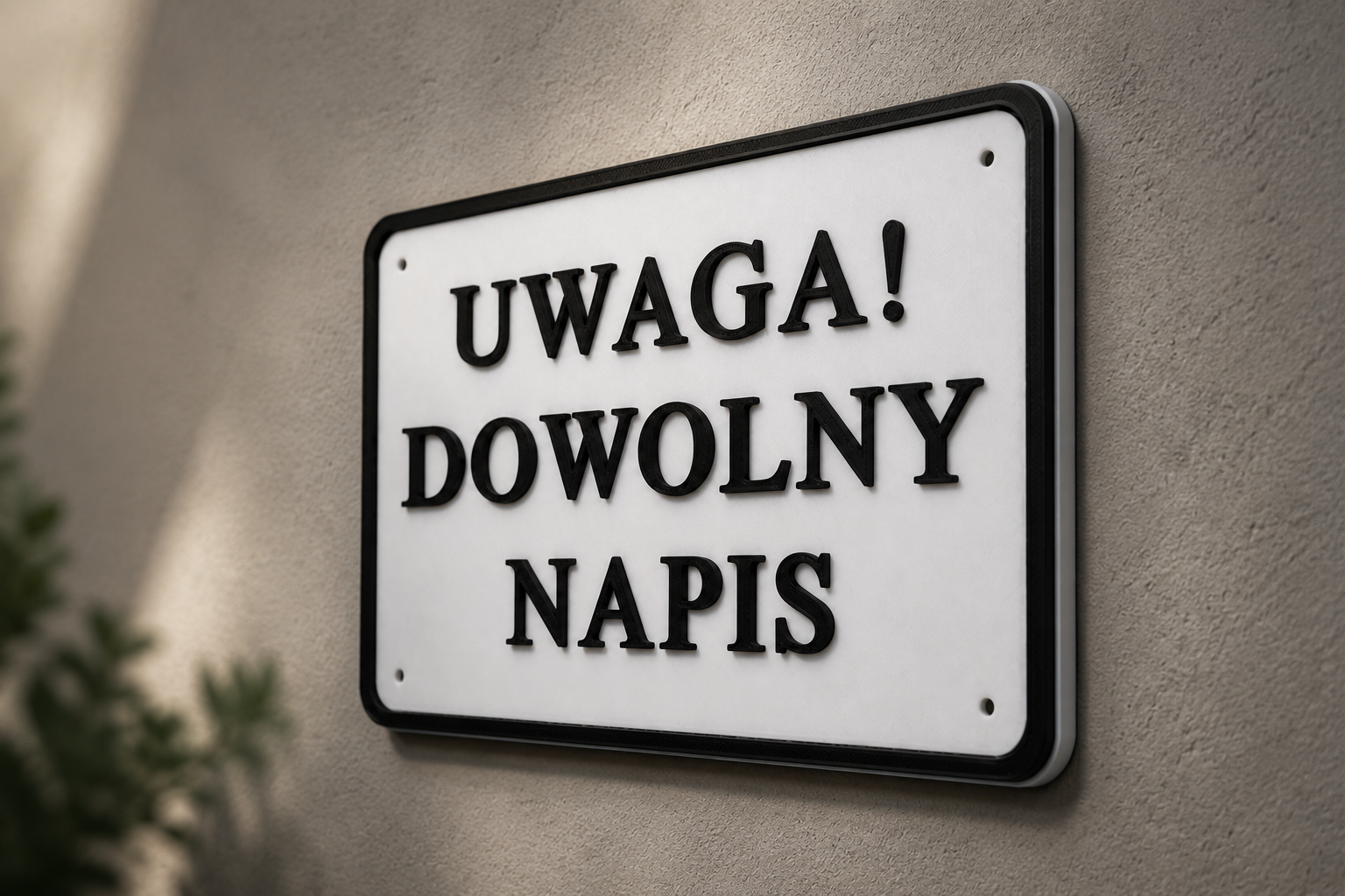 Sign on wall with text in Polish: "Uwaga! Dowolny Napis".