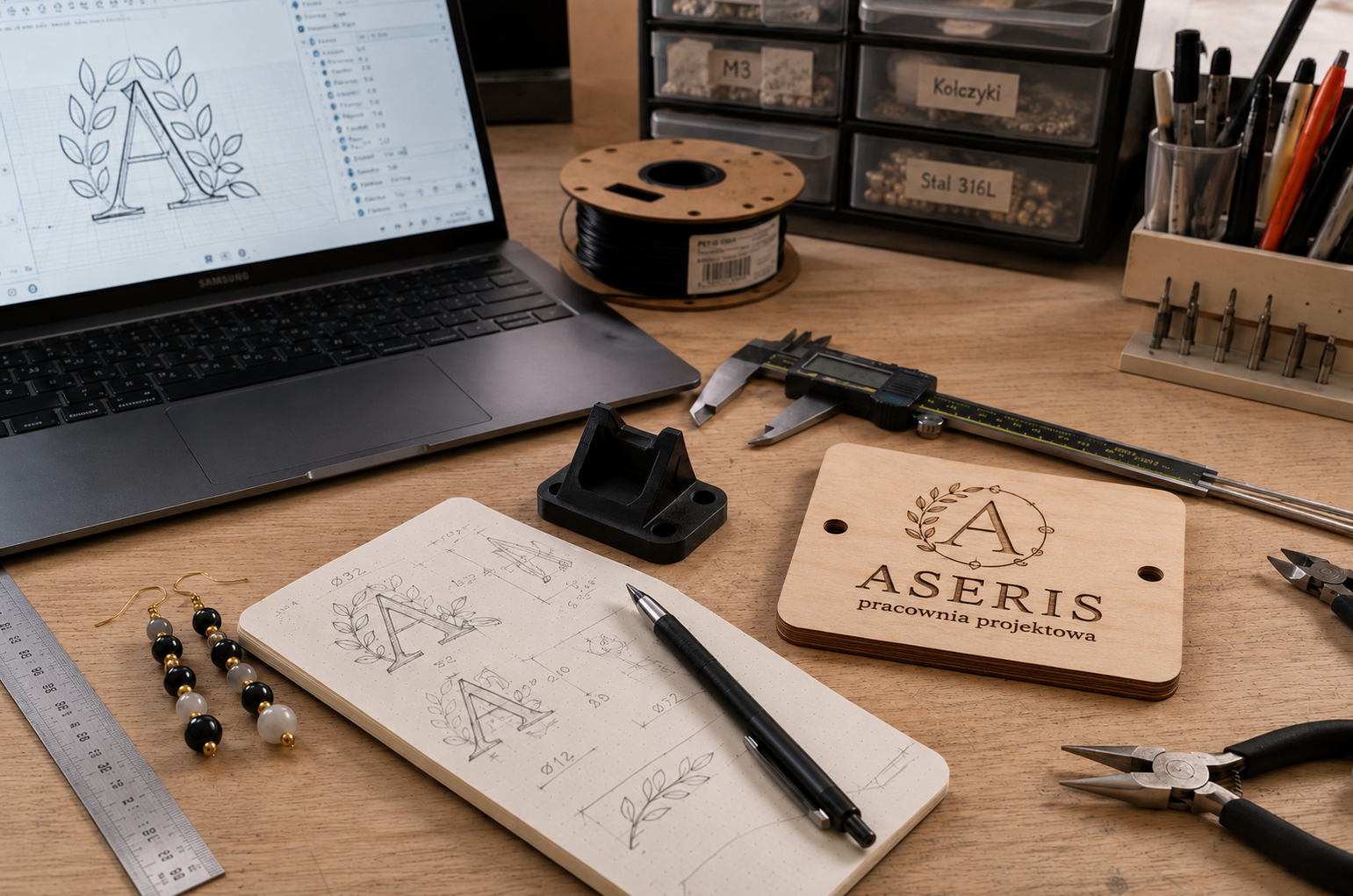 Design workspace with laptop displaying a logo design of a letter 'A' adorned with leaves, sketchbook with logo sketches, wooden plaque engraved with 'ASERIS Pracownia projektowa', various tools like caliper, ruler, pliers, pen, and electronic components, organized storage boxes, and beads and jewelry pieces on a wooden desk.