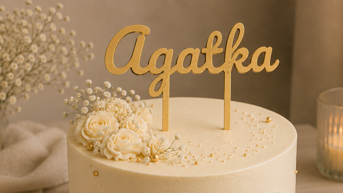 A wedding cake decorated with white flowers, gold beads, and a wooden cake topper that says "Agaika" in cursive. The cake has a smooth white frosting and is set on a table with a candle in the background.