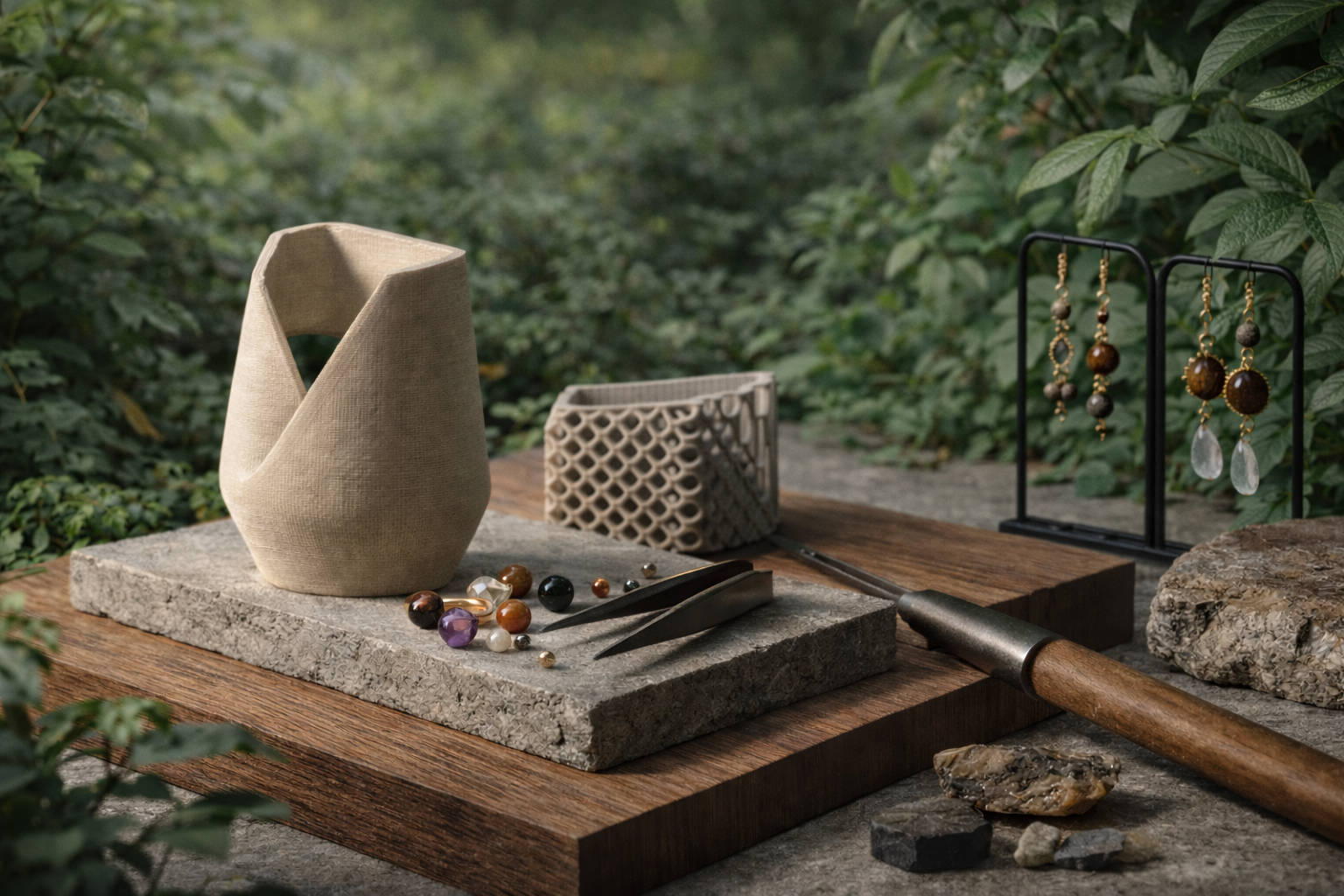 Jewelry display with earrings, jewelry tools, and decorative stones on a wooden and stone surface outdoors.