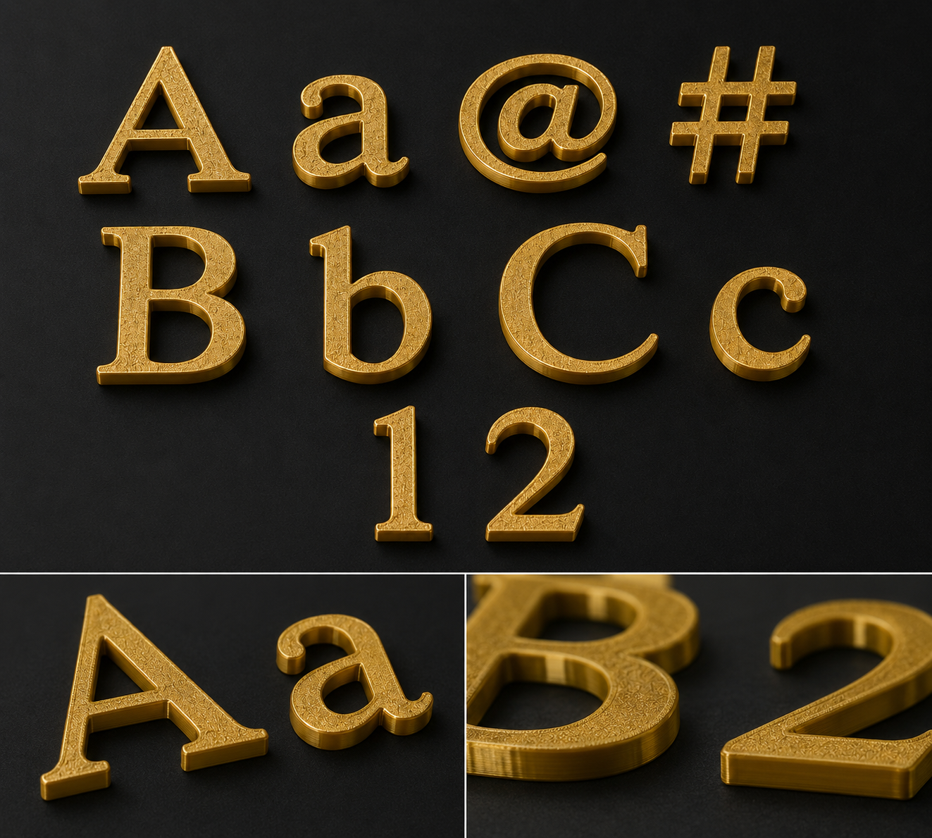 Gold 3D alphabet and number characters on black background, including uppercase and lowercase letters A and a, at signs, hashtags, and the numbers 1 and 2.