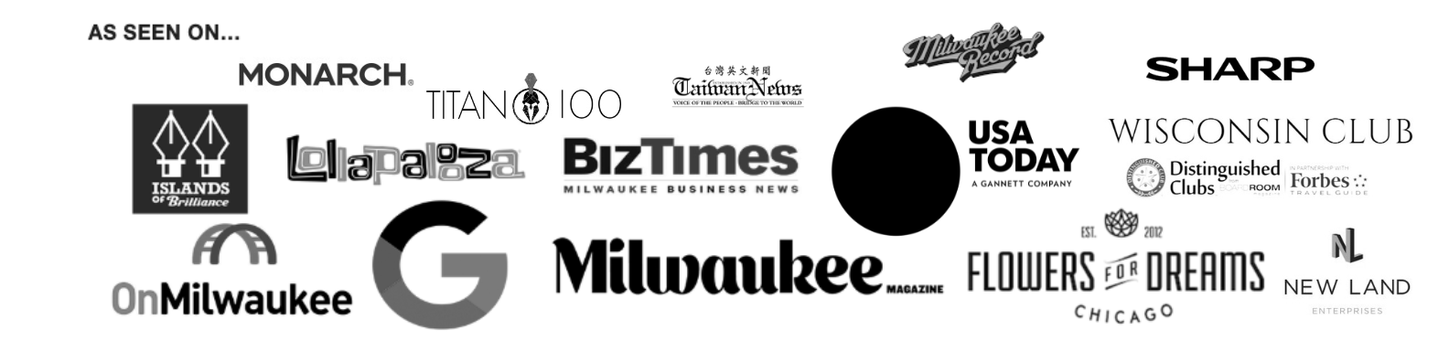 Collection of black and white logos of various media outlets, magazines, and companies, including Milwaukee Record, BizTimes, USA Today, Forbes, Milwaukee Magazine, Wisconsin Club, and others.