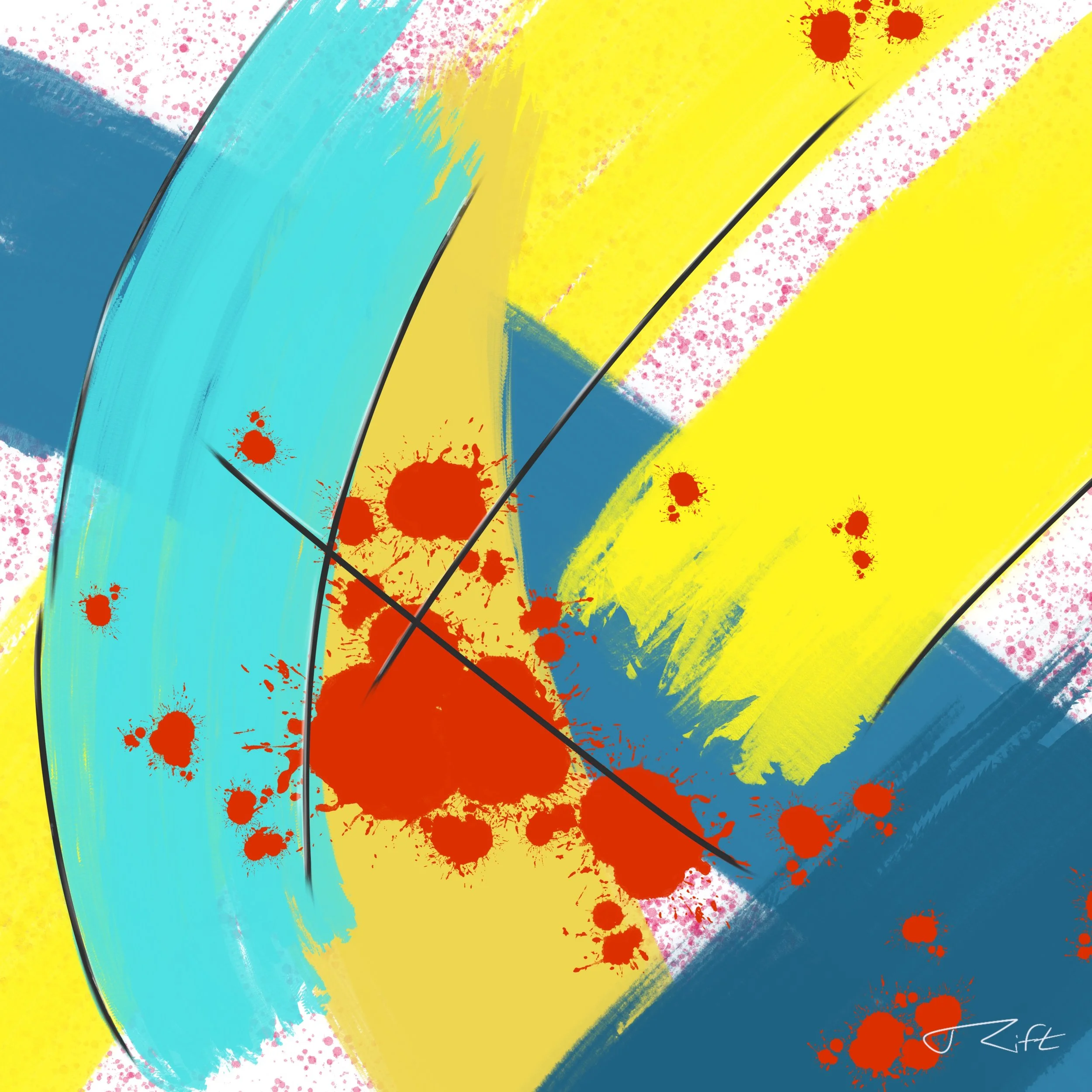 Abstract painting with yellow, blue, and pink brushstrokes, red paint splatters, and black lines.