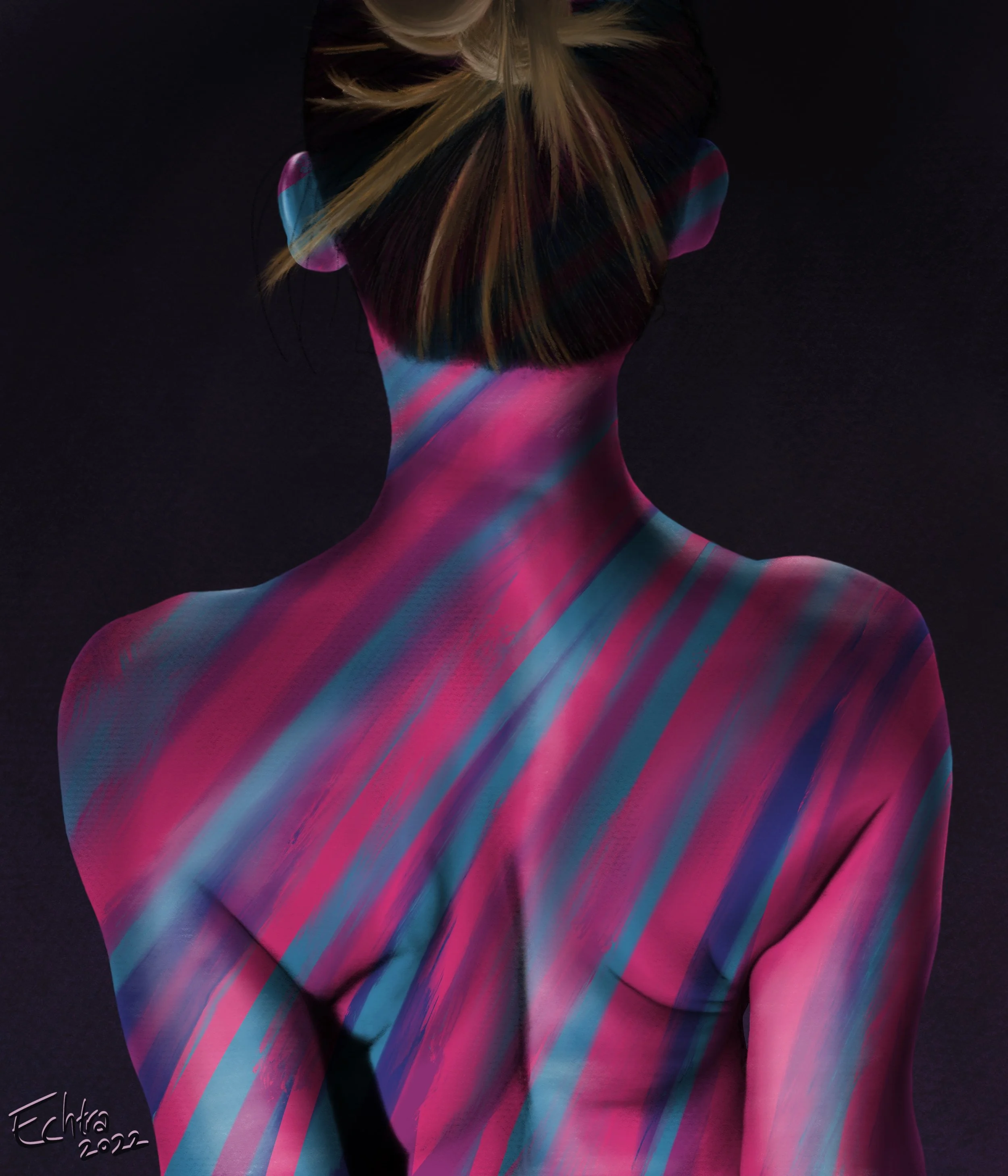 A woman with her hair tied back, with colorful pink, blue, and purple stripes painted on her back and neck, set against a dark background.
