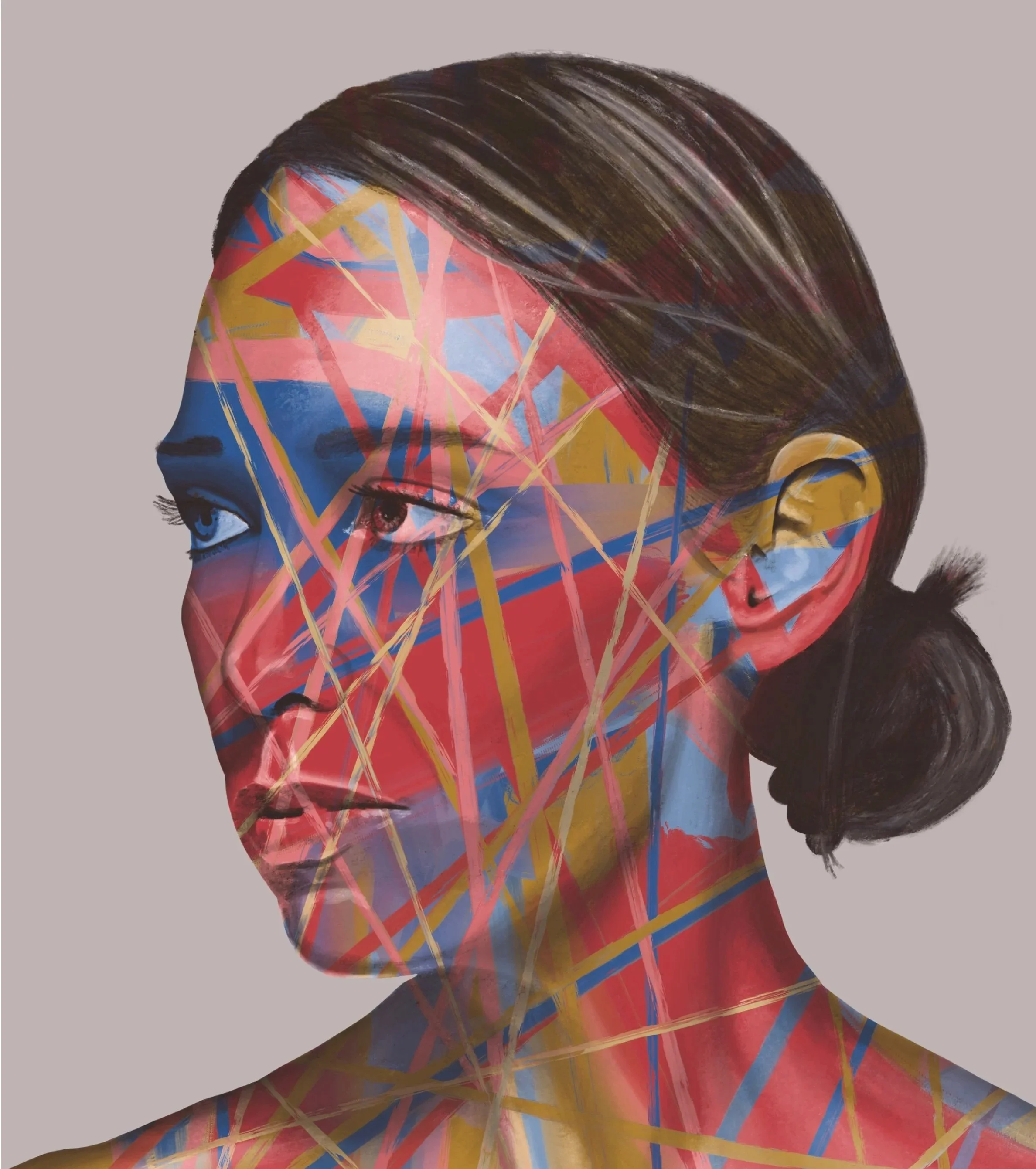 A stylized portrait of a woman with her hair tied back, her face shown in profile, with abstract colorful lines and shapes overlayed on her face and neck, creating a layered, artistic effect.