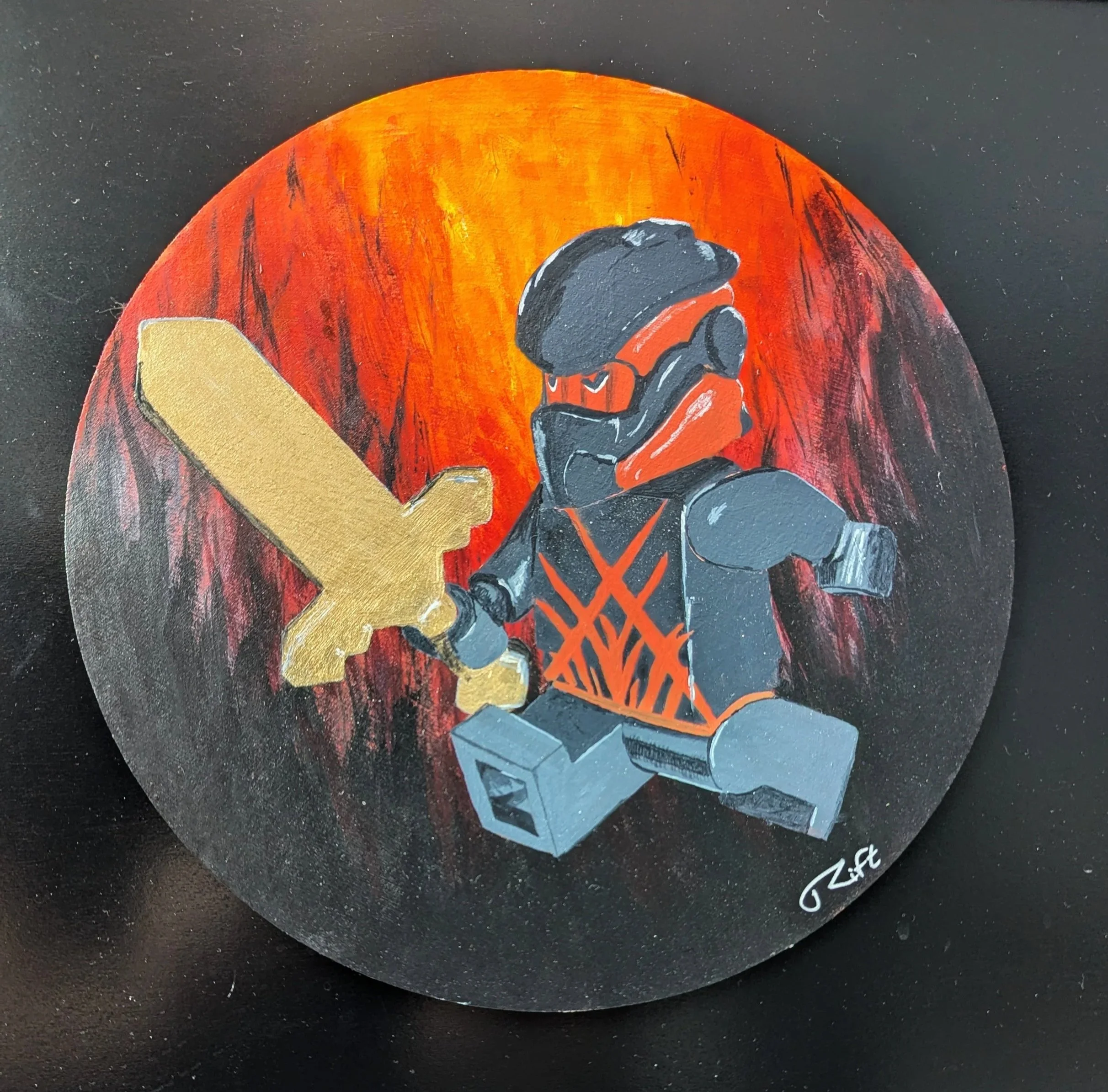 A LEGO ninja mini figure holding a gold sword, set against a fiery orange and dark red background.