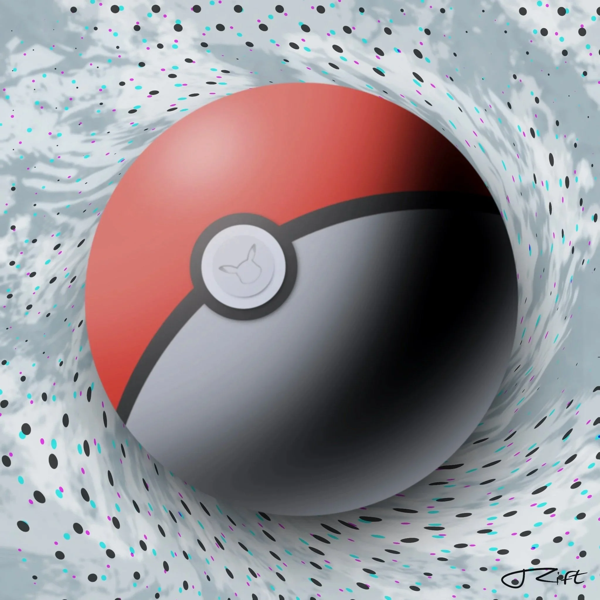 A red and white ball with a black stripe.