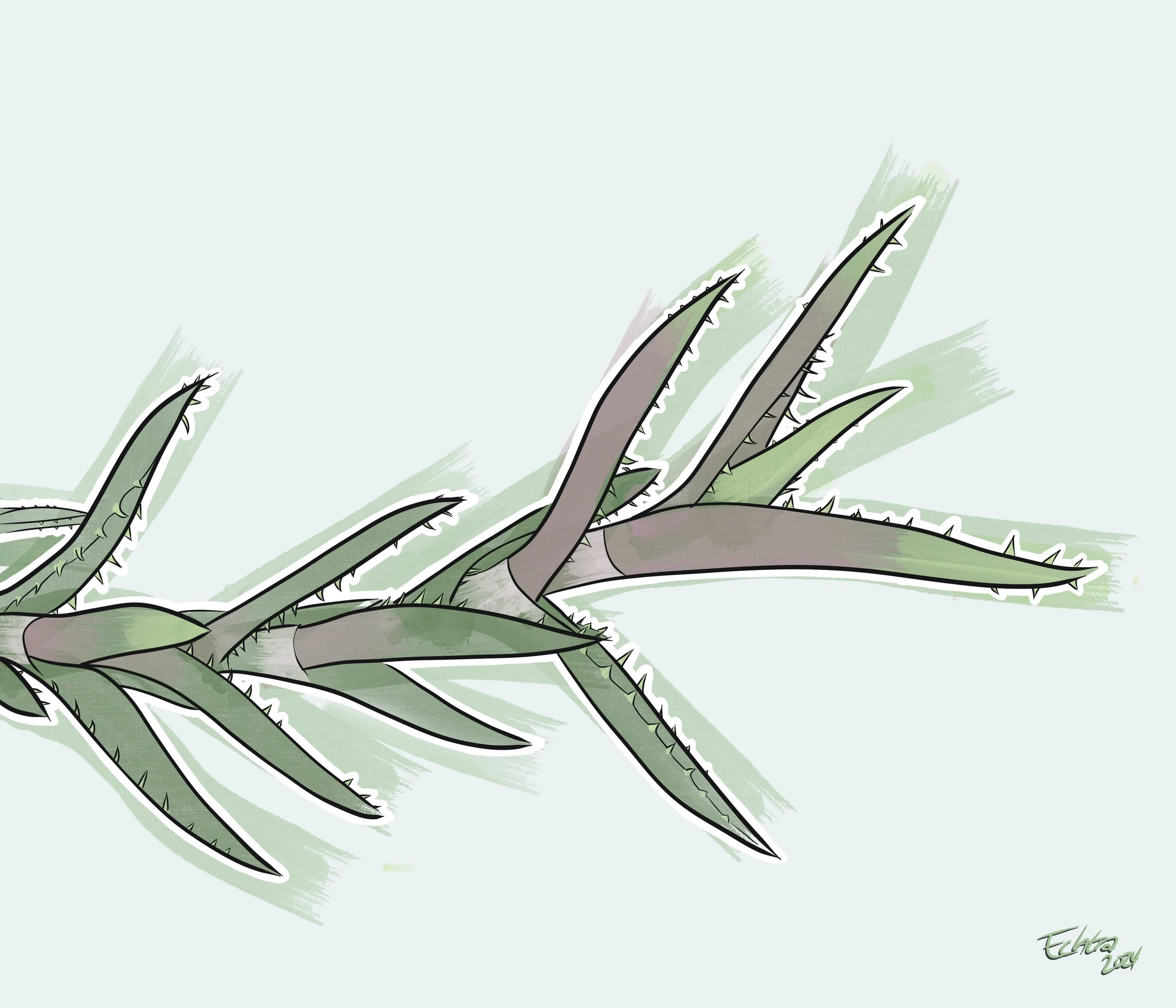A digital illustration of a branch of aloe with green and purple-tinged leaves, some with spines along the edges, set against a light background.
