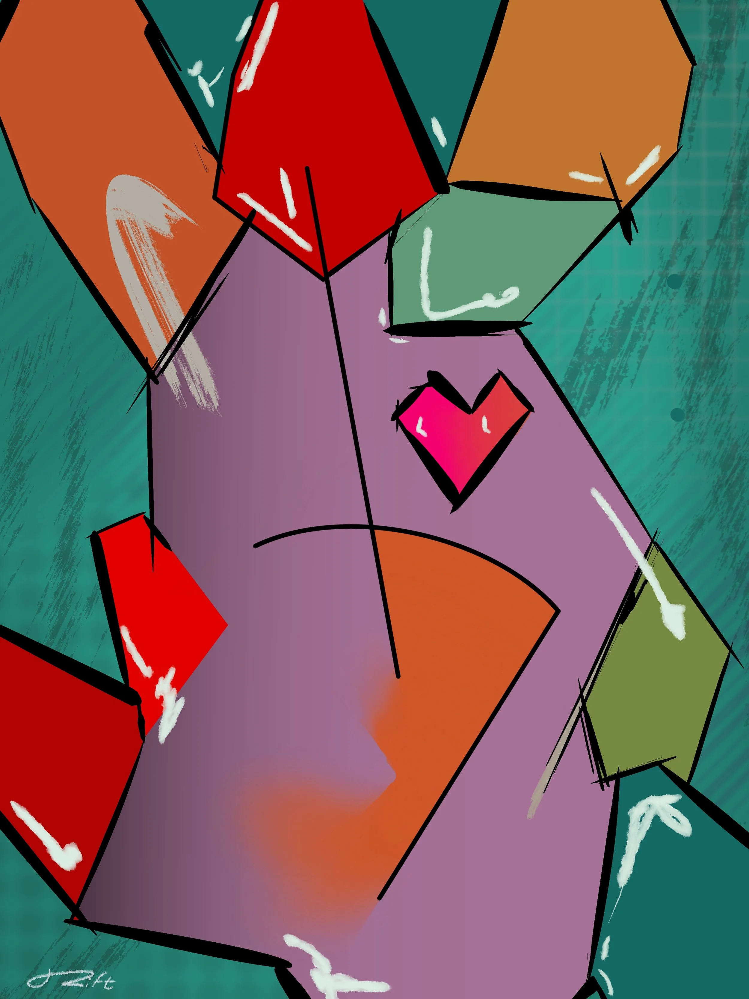 Abstract colorful with heart-shaped details, featuring bold black outlines and vibrant background colors.