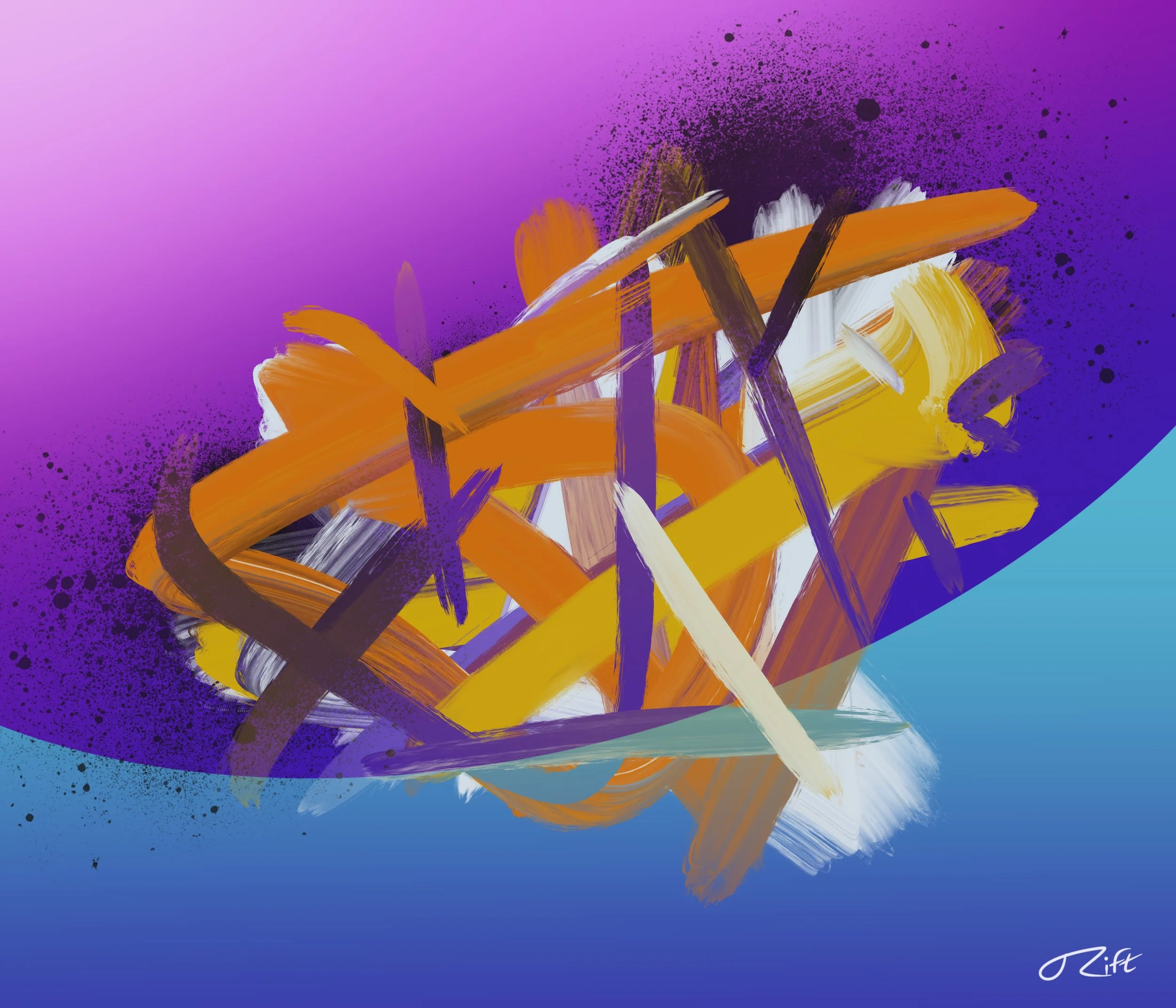 Graffiti style abstract digital painting with orange, yellow, purple, and white brushstrokes against a vibrant purple and blue background.