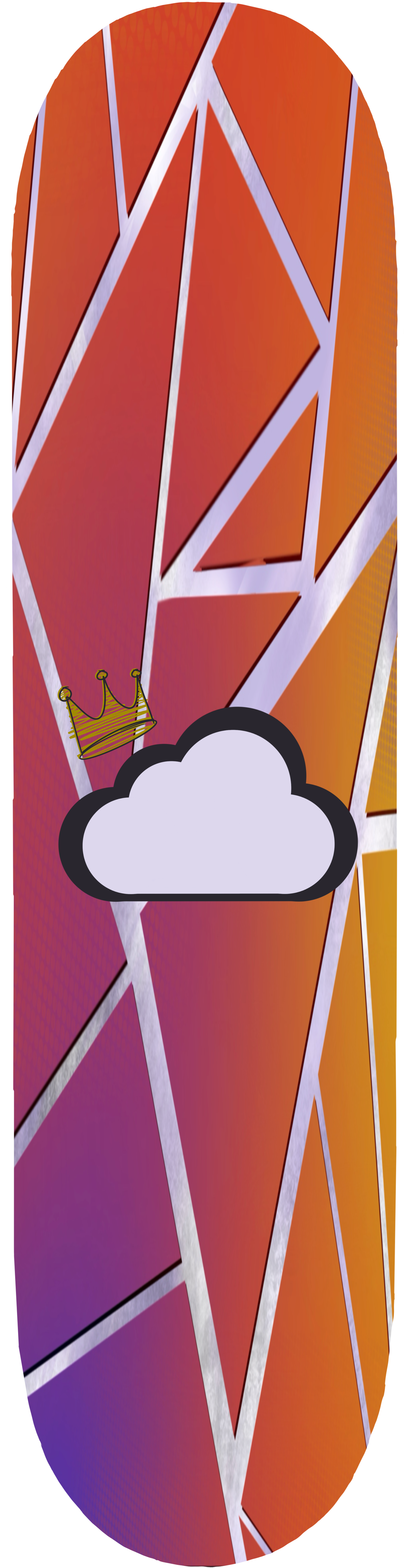 A skateboard deck with a colorful geometric pattern, a cloud with a black border, and a gold crown icon in a cartoon style.