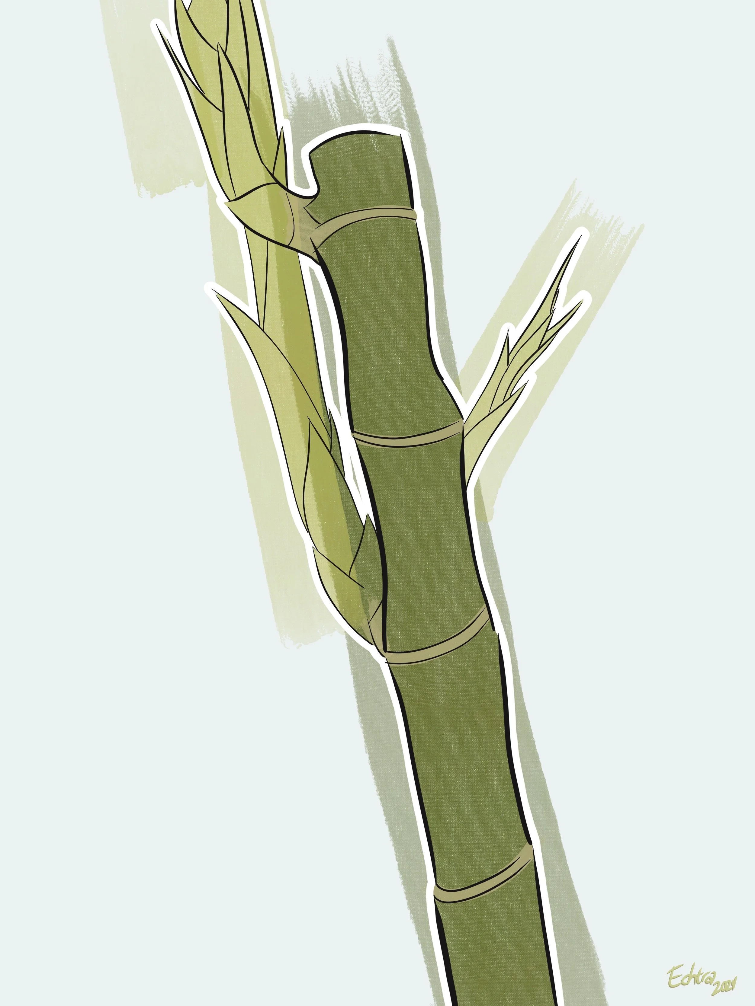 Digital illustration of a green bamboo stalk with leaves against a light background.