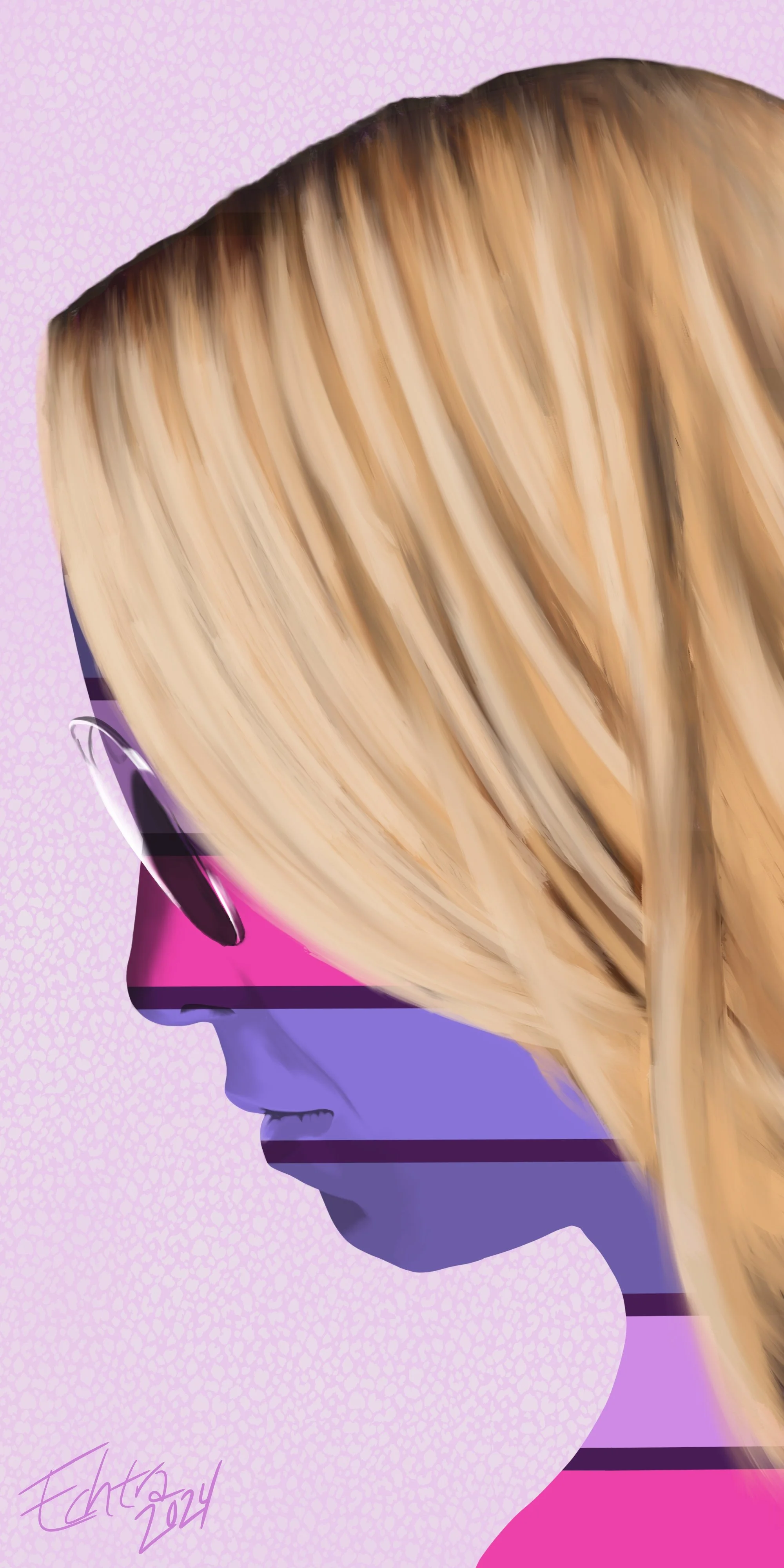 Stylized digital portrait of a woman with long, blonde hair wearing glasses, facing sideways, on a pink and purple background with abstract shapes.