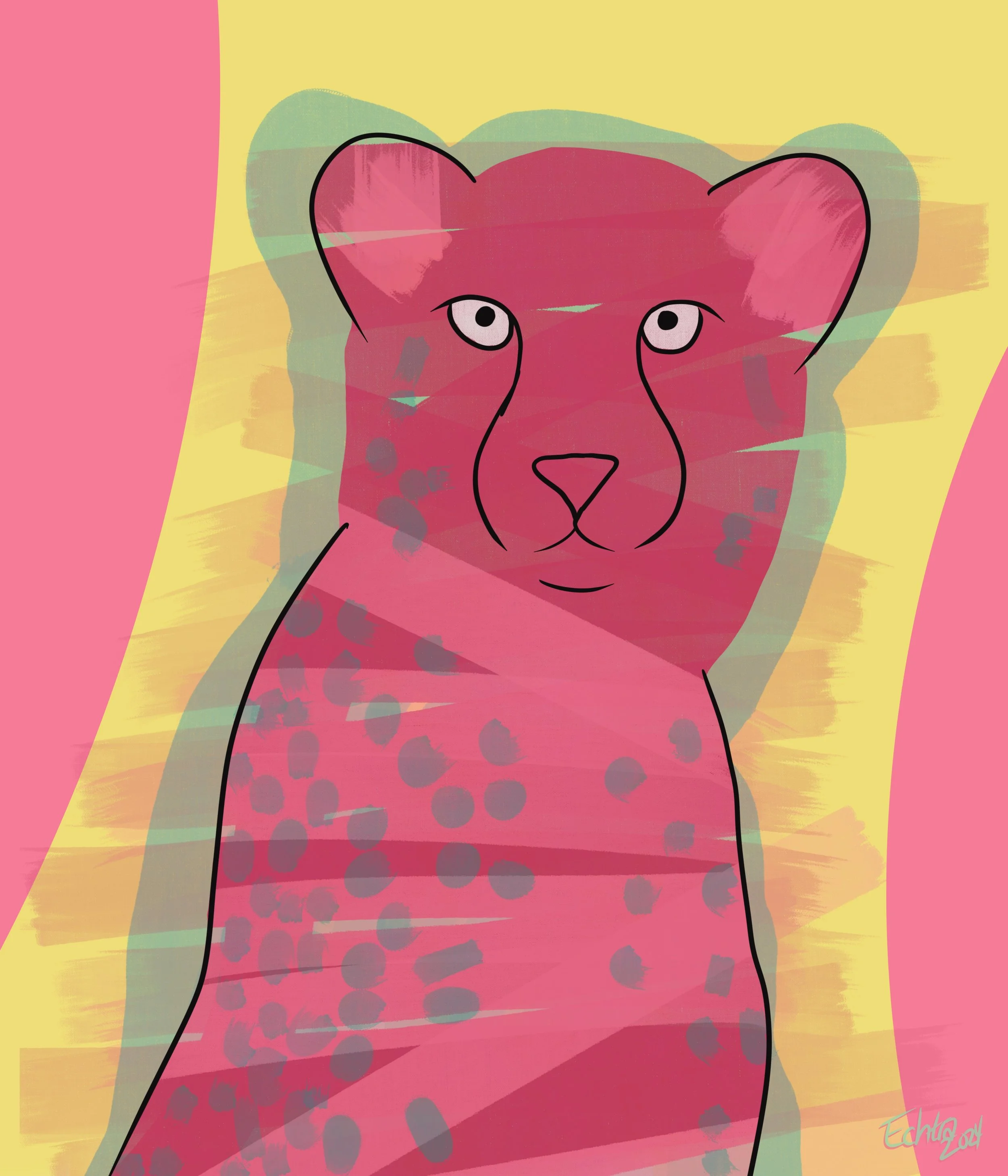 Digital illustration of a pink cheetah, outlined in black, set against a bright yellow and pink abstract background.