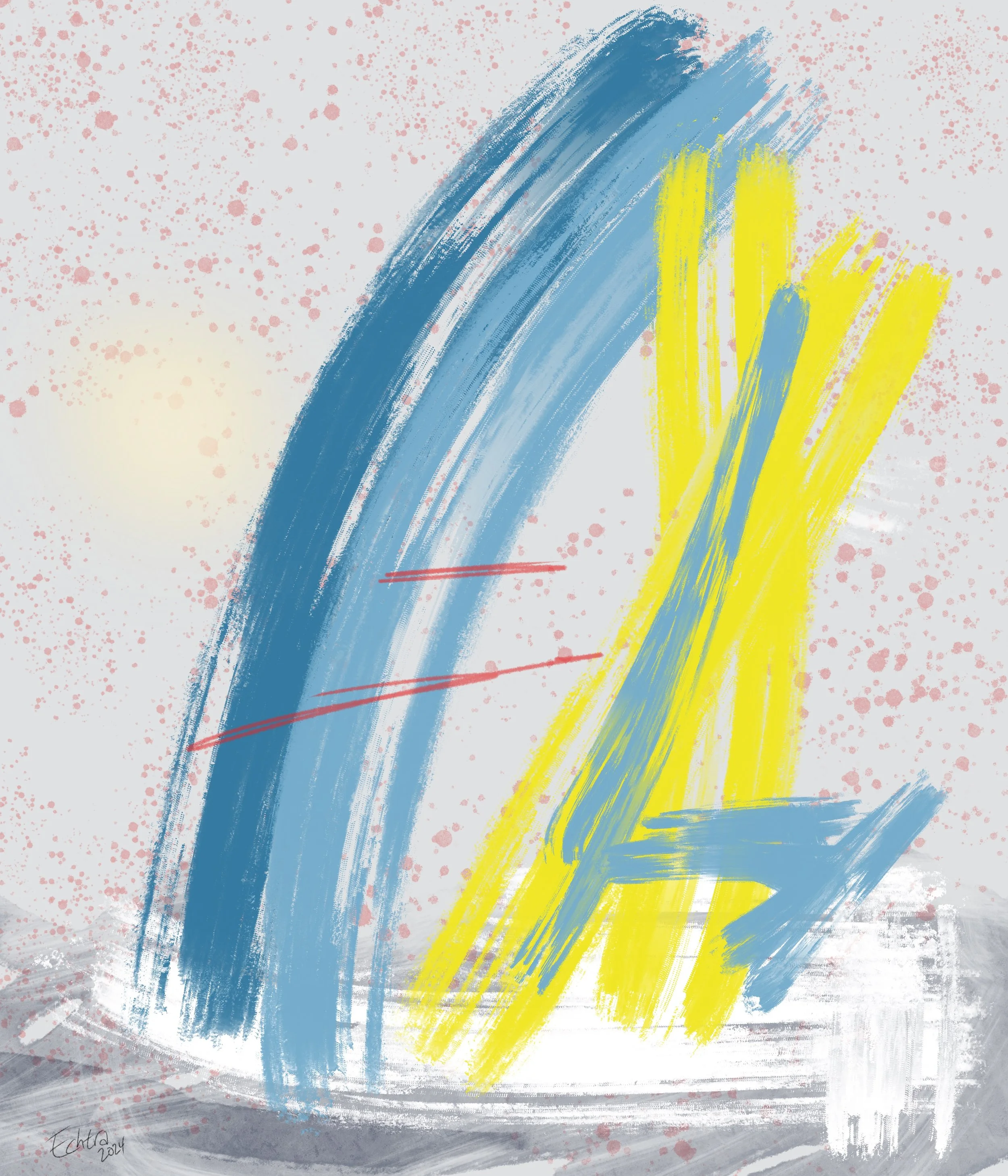 Abstract painting featuring large blue and yellow brushstrokes on a white background with pink and gray splatters.