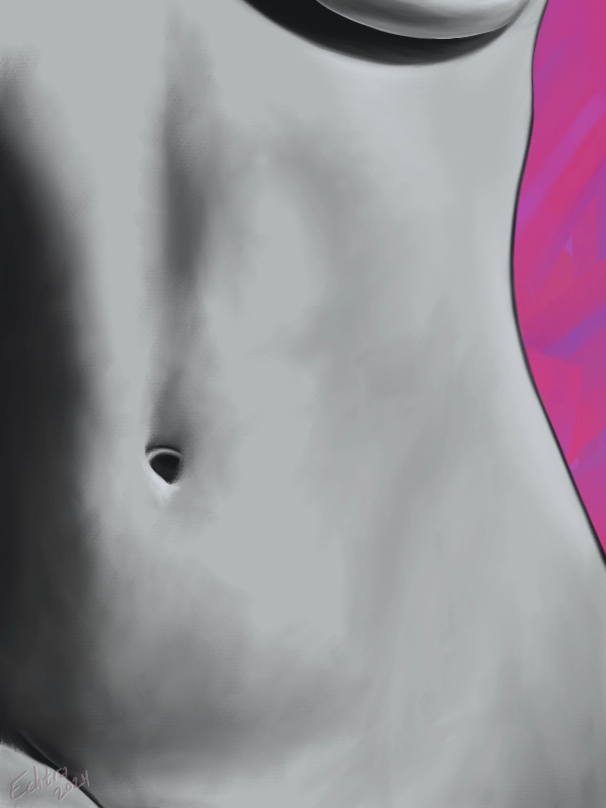 Close-up of a female torso, with a pink and purple background on the side.