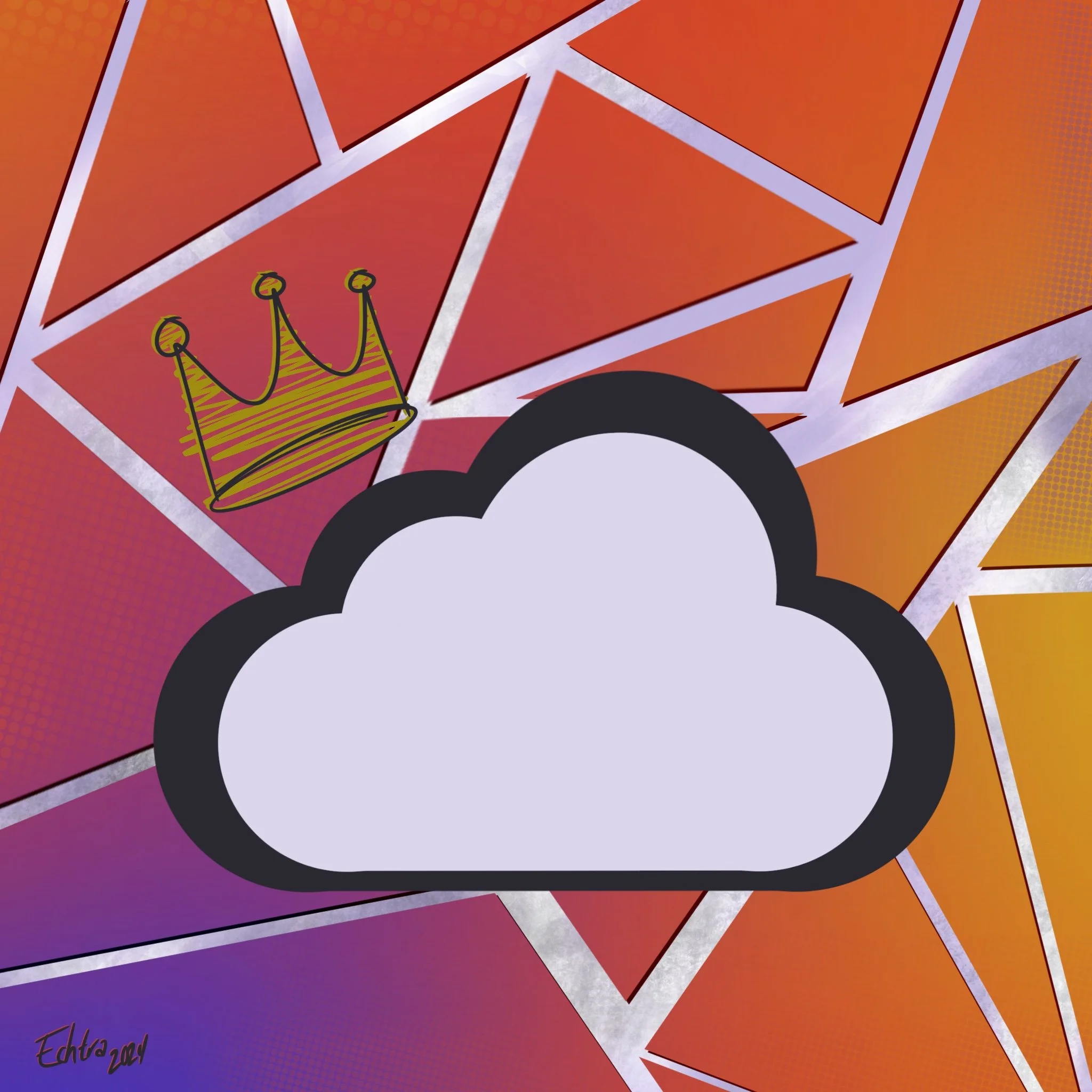 A colorful abstract background with a cloud symbol in the foreground and a small gold crown above it.
