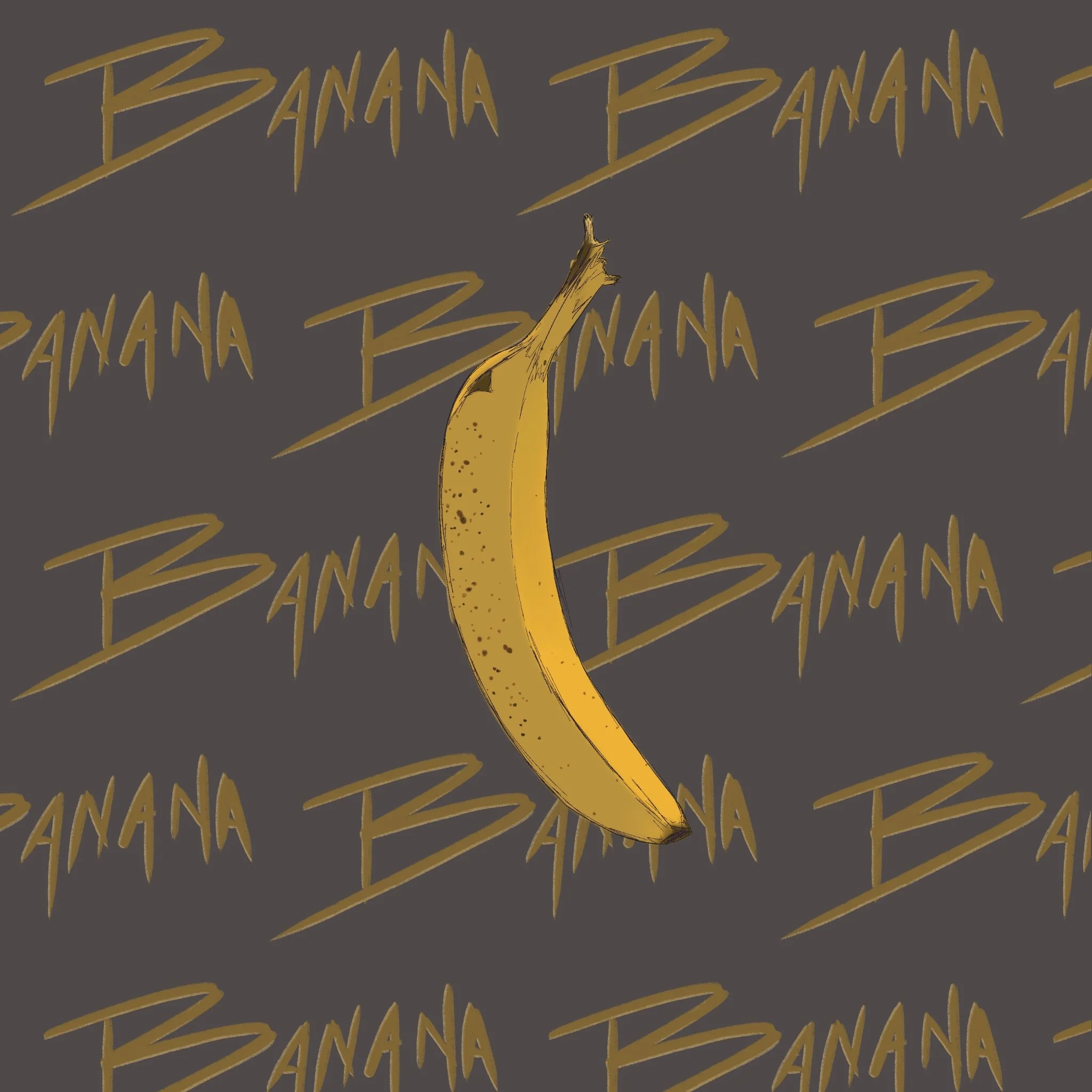 Illustration of a single ripe banana on a dark background with repeating "Banana" text in gold.