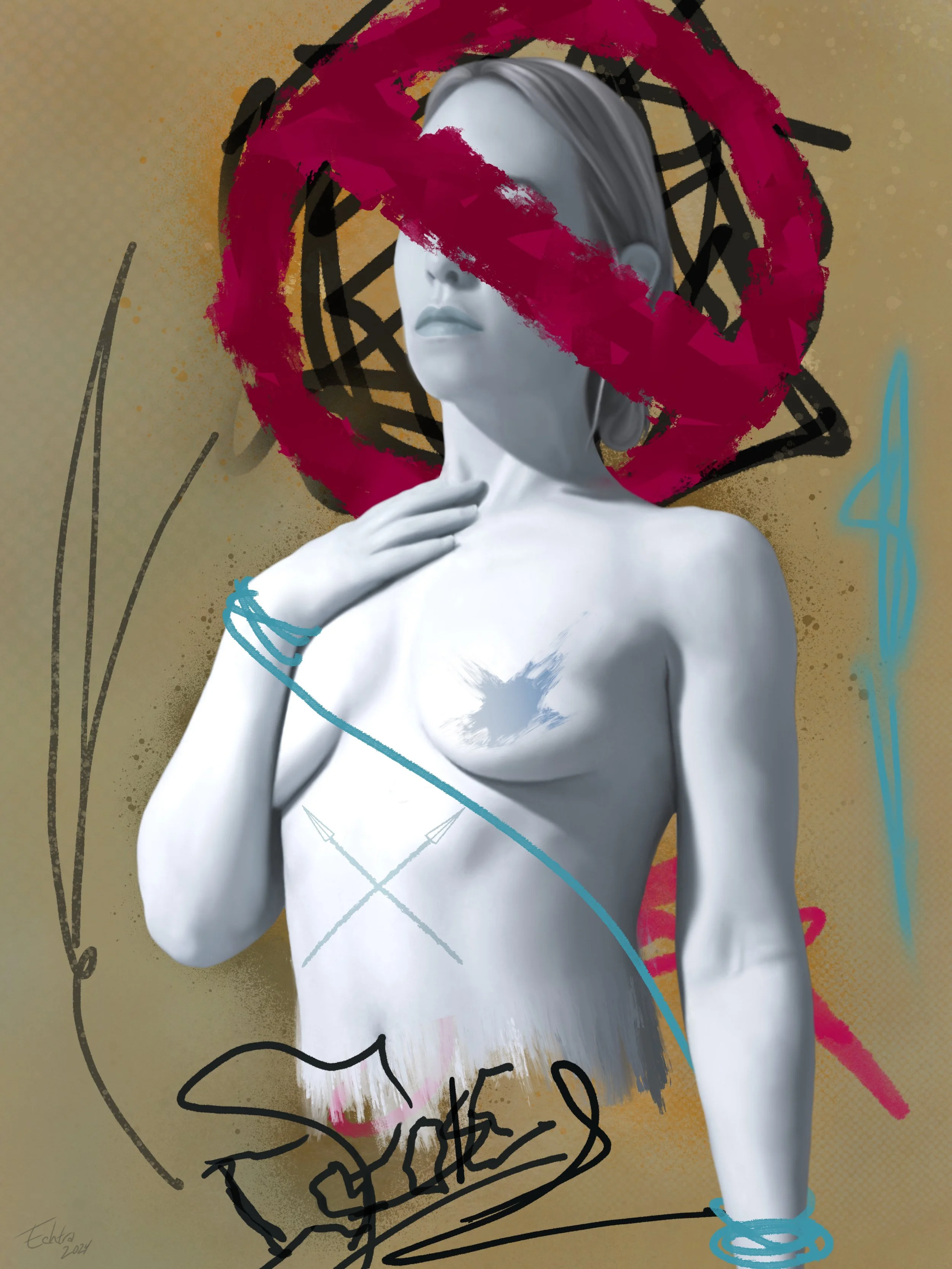 A stylized digital artwork of a woman with several blue bracelets. She has a neutral expression and is surrounded by colorful graffiti-style art with a red circle with a slash through it over her face, black and red scribbles, and a gold background.