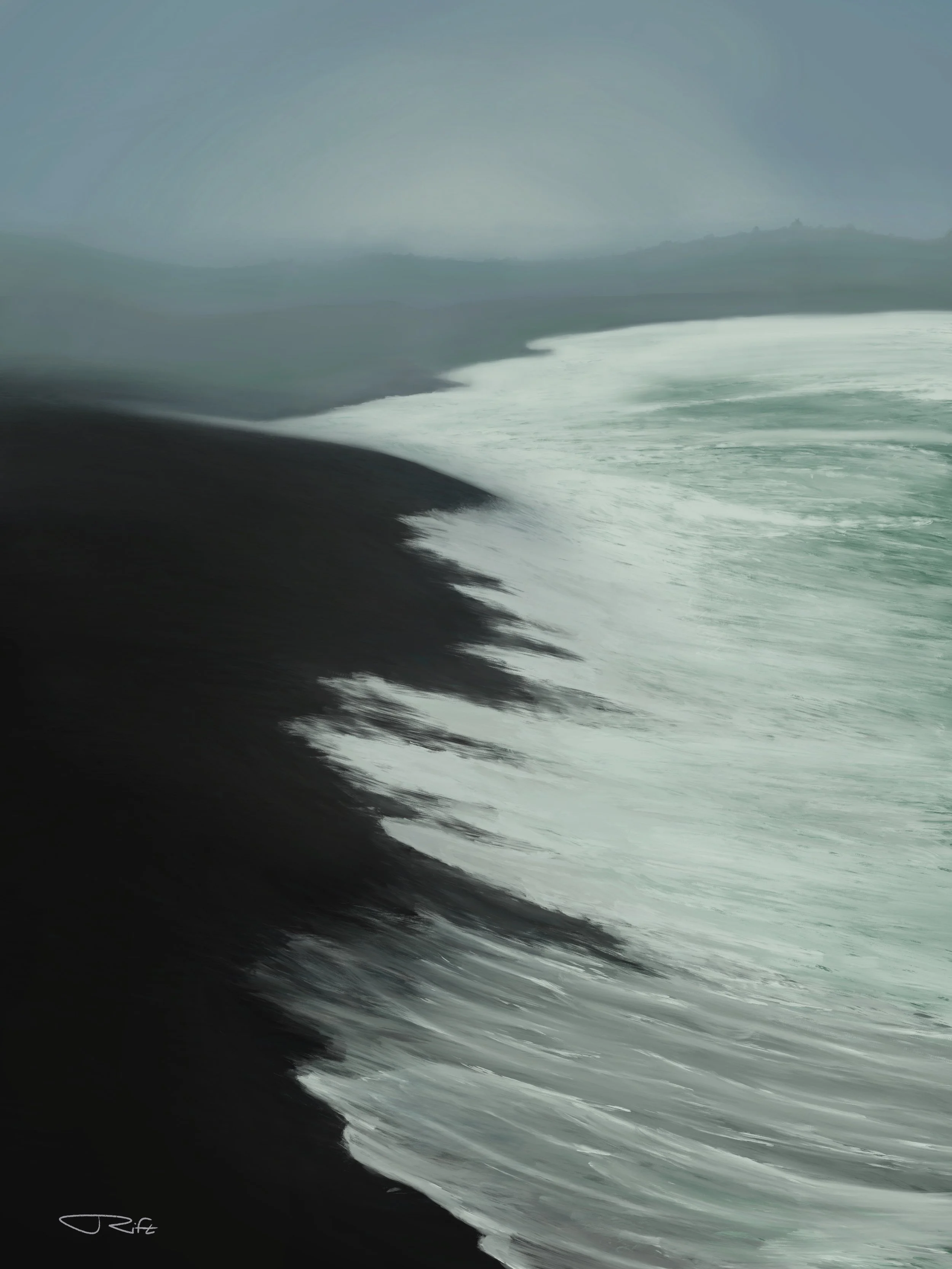 Abstract painting of a shoreline with dark sand and turbulent waves, distant hills in the background under a cloudy sky.
