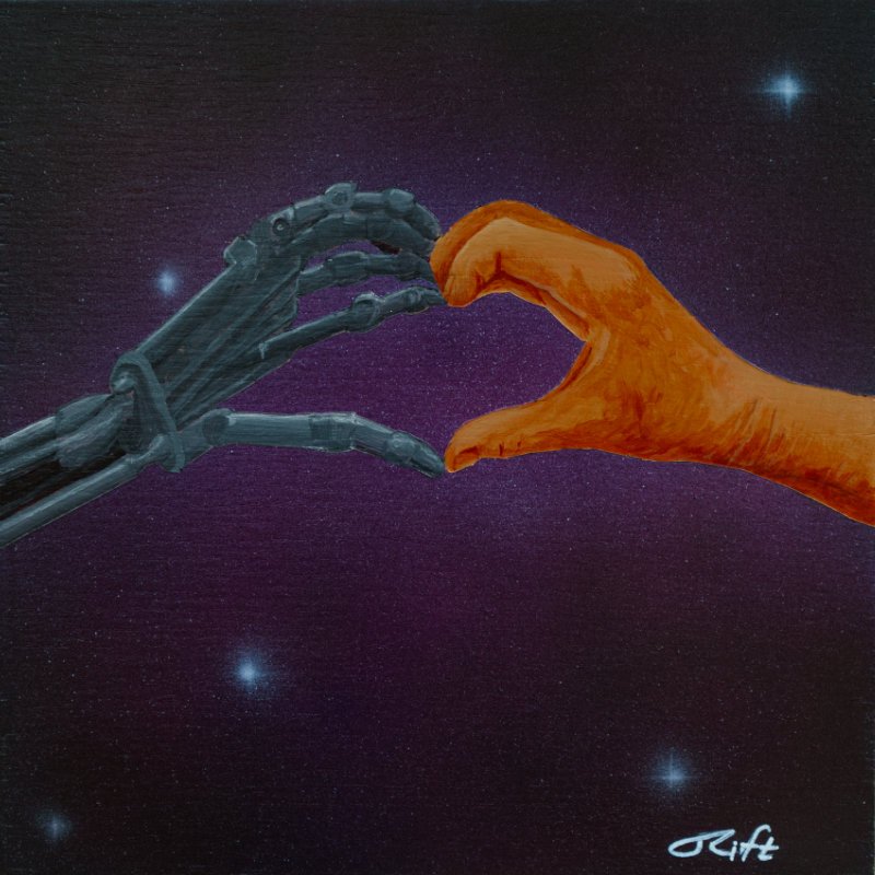 Two hands coming together to form a heart. Hand on the left is a robot hand and the hand on the right is a human hand.