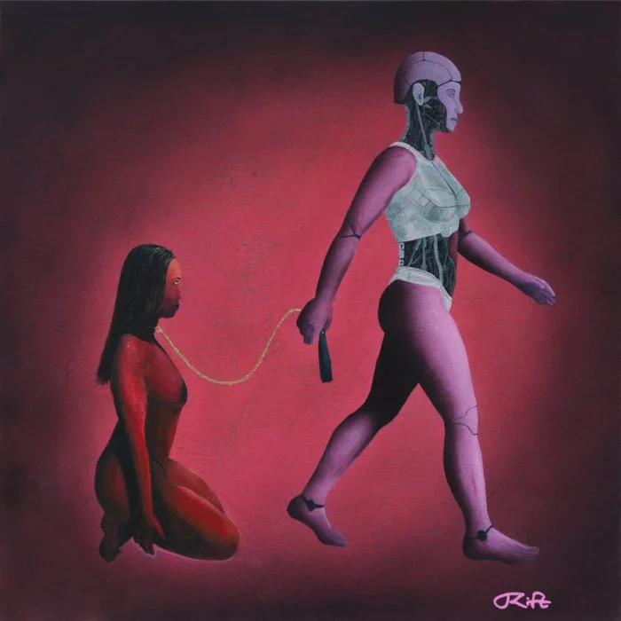 Robot walking with a woman in a kneeling position. Robot holding a golden chain connected to the woman.