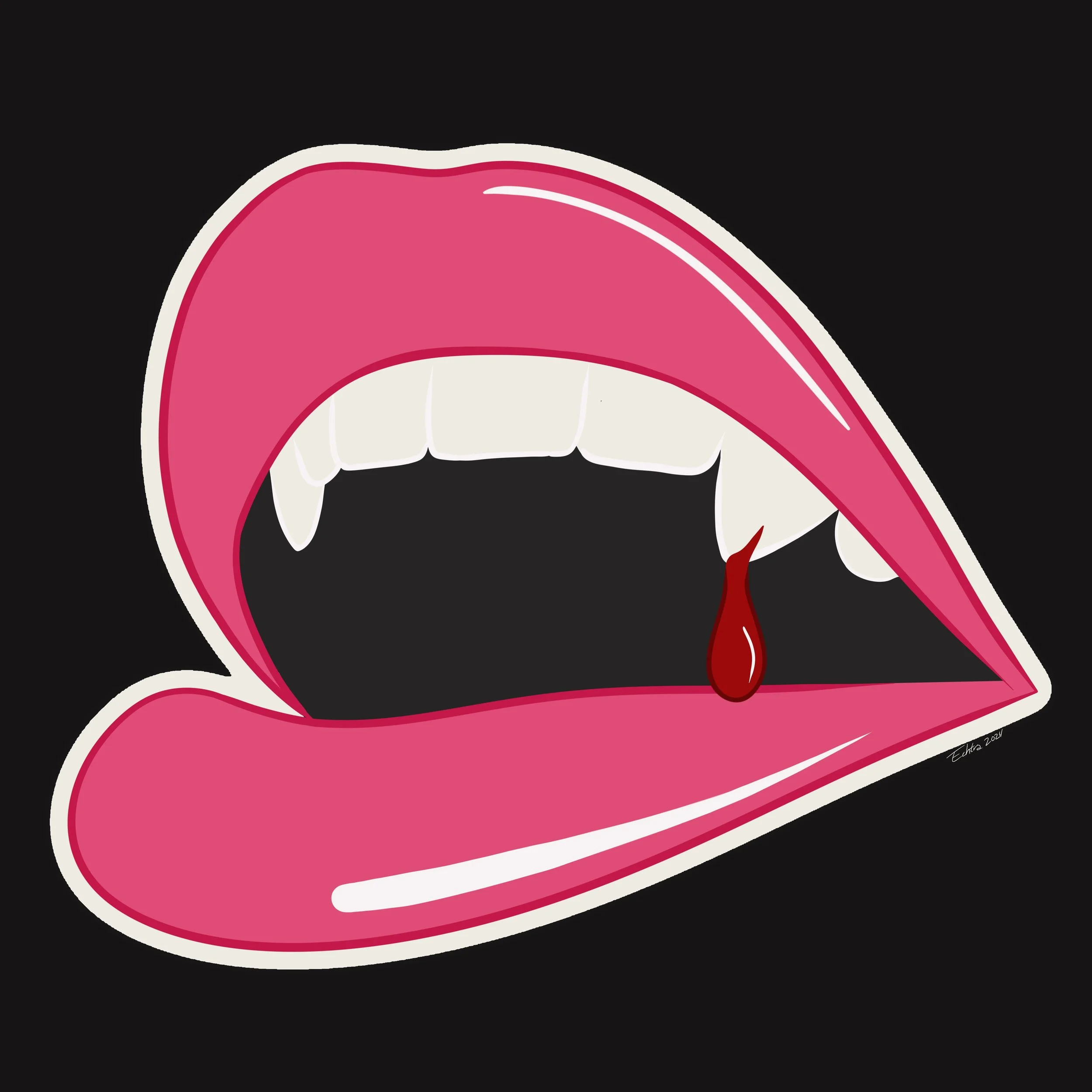 Pop art style illustration of lips with pink lipstick, open mouth showing white vampire teeth, and a drop of blood on the tooth against a black background.