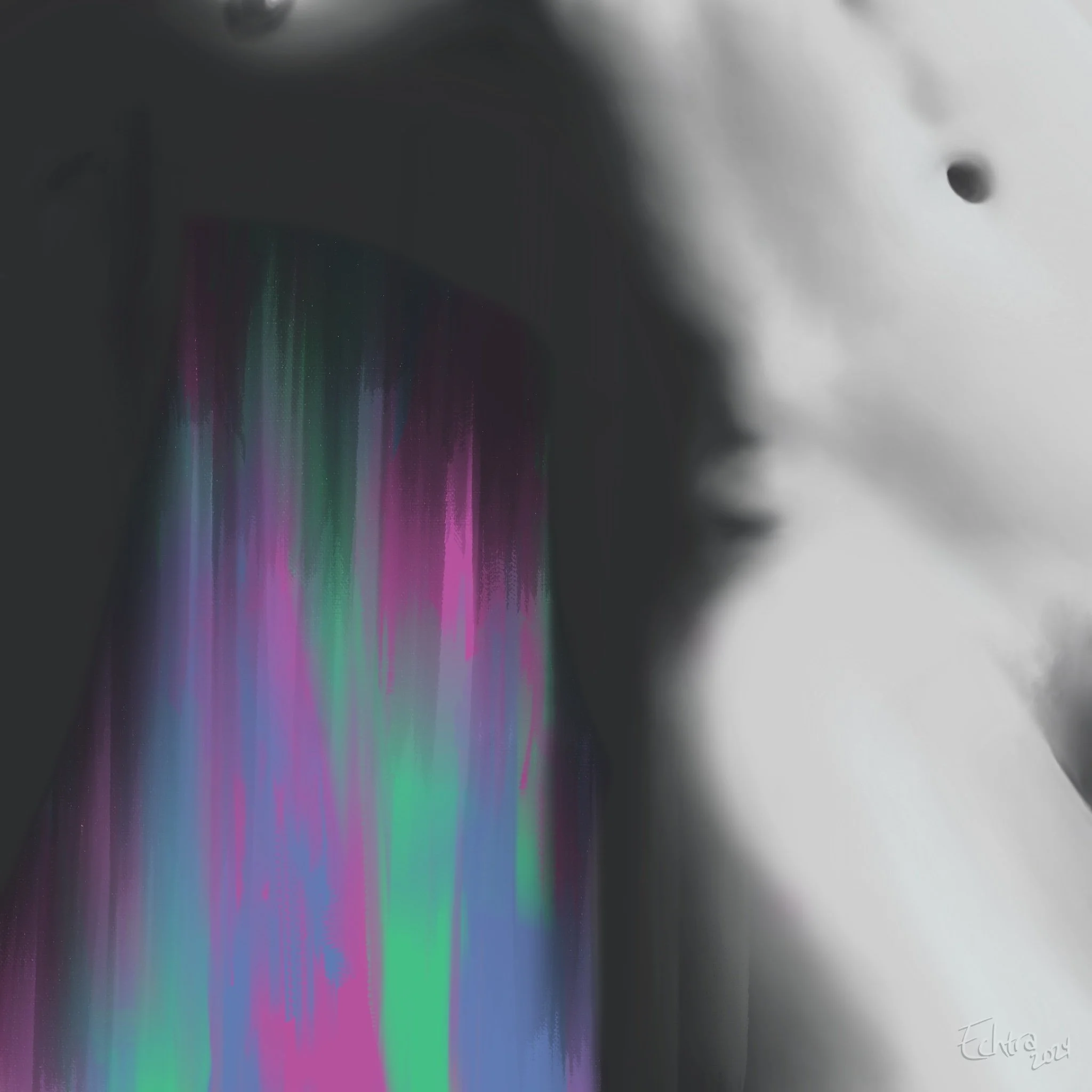 A black and white profile of a woman's shoulder and torso with purple, green, and pink digital sound wave visualizations as the background.