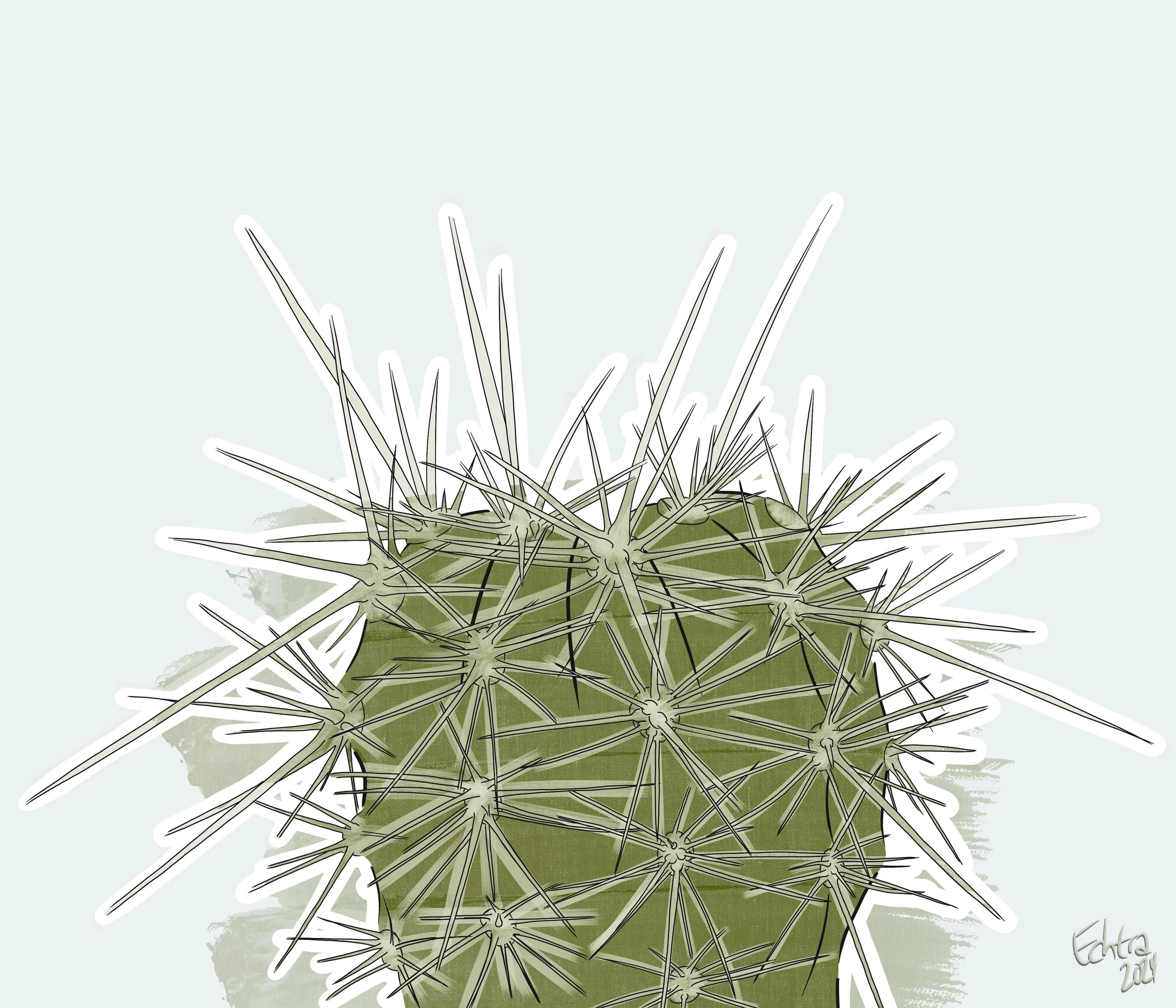 Illustration of a green cactus with long white spines against a light background.