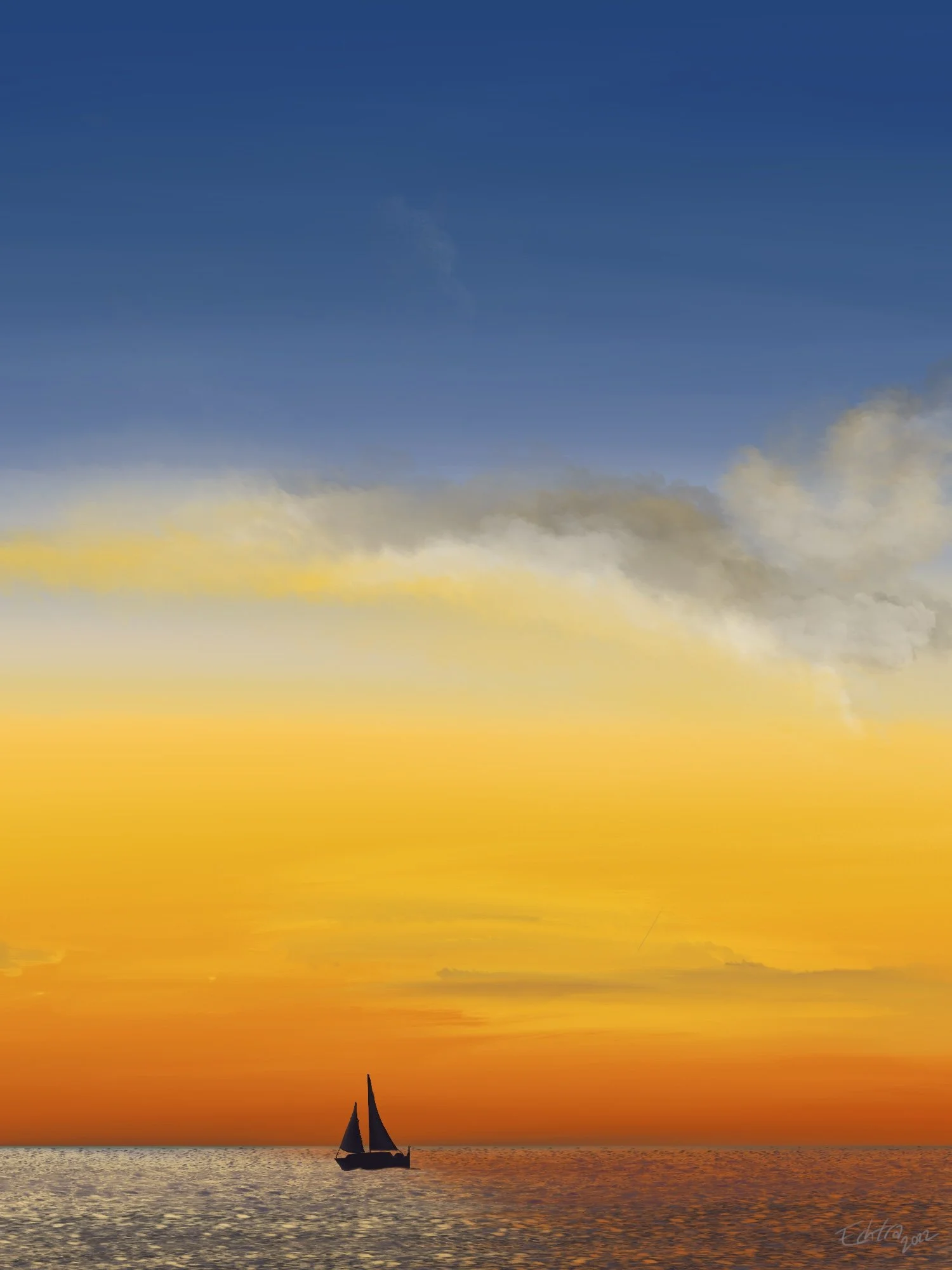 A sailboat on calm ocean water during sunset with a colorful sky of orange, yellow, and blue