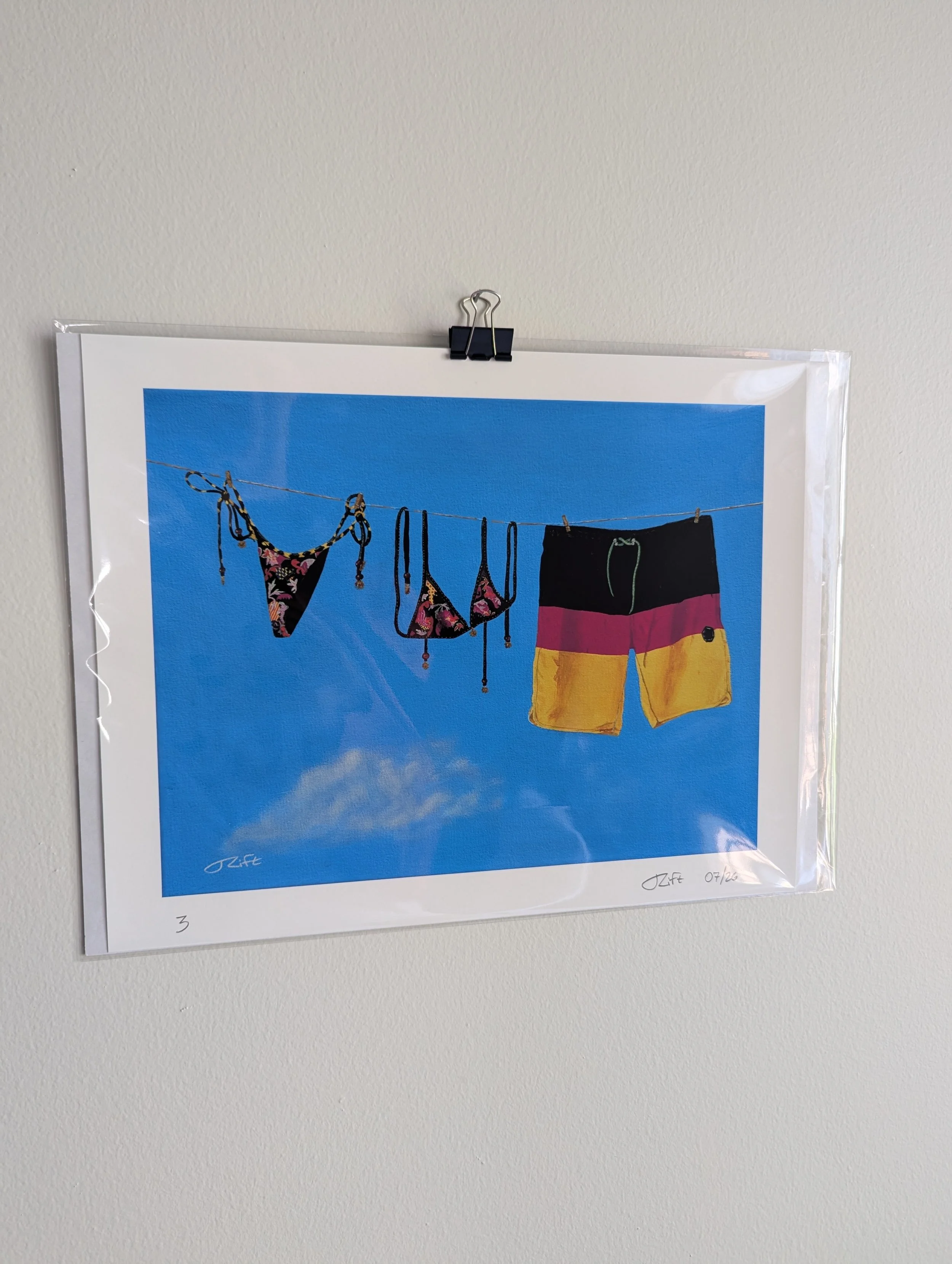 couples swimsuits hanging on a line print
