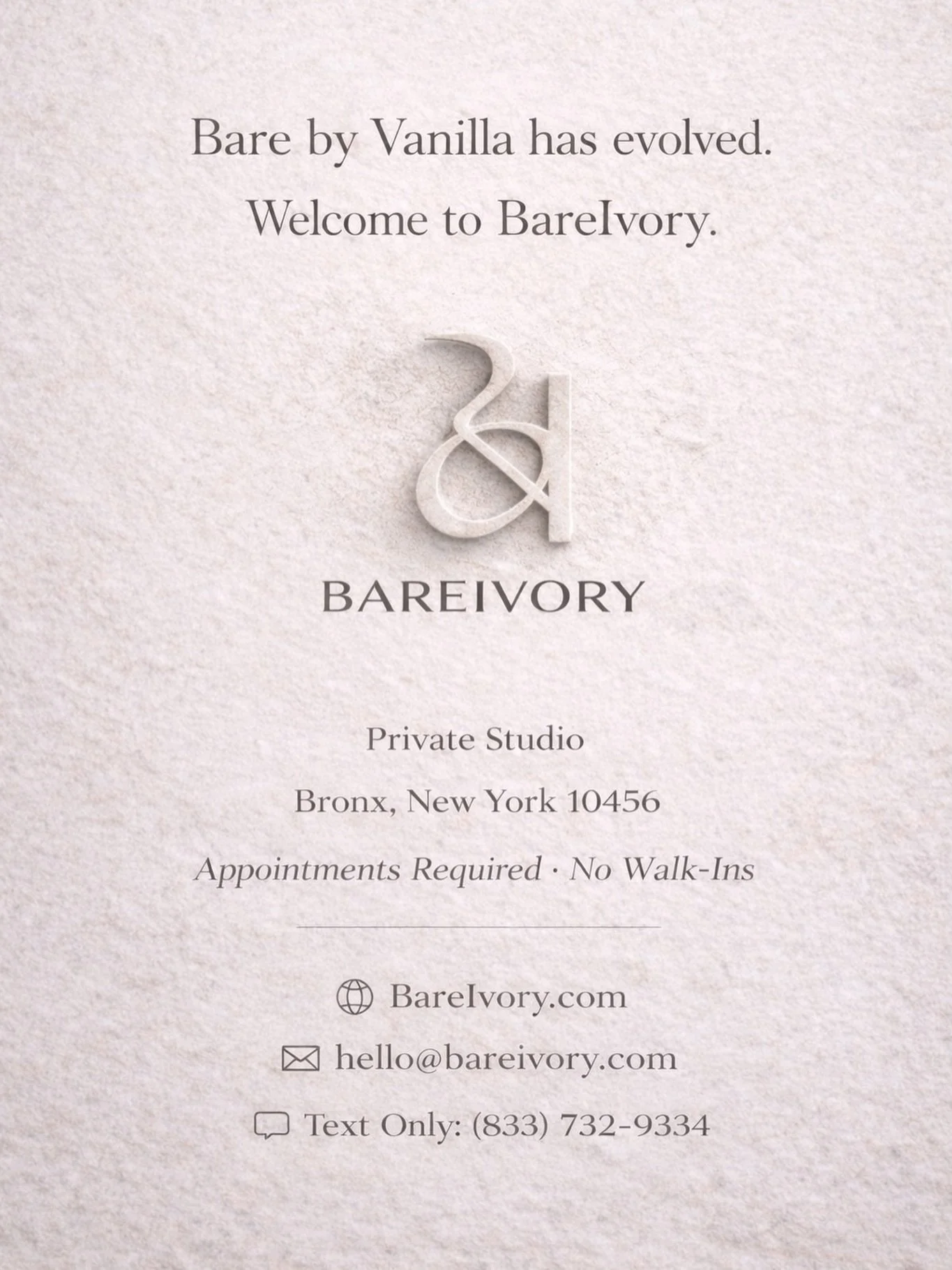 BareIvory reflects the balance between simplicity and refinement.

Bare is honest skin &mdash; cared for, respected, and never driven by trends.
Ivory represents warmth, elegance, and timeless beauty.

The name has changed, but the foundation has not