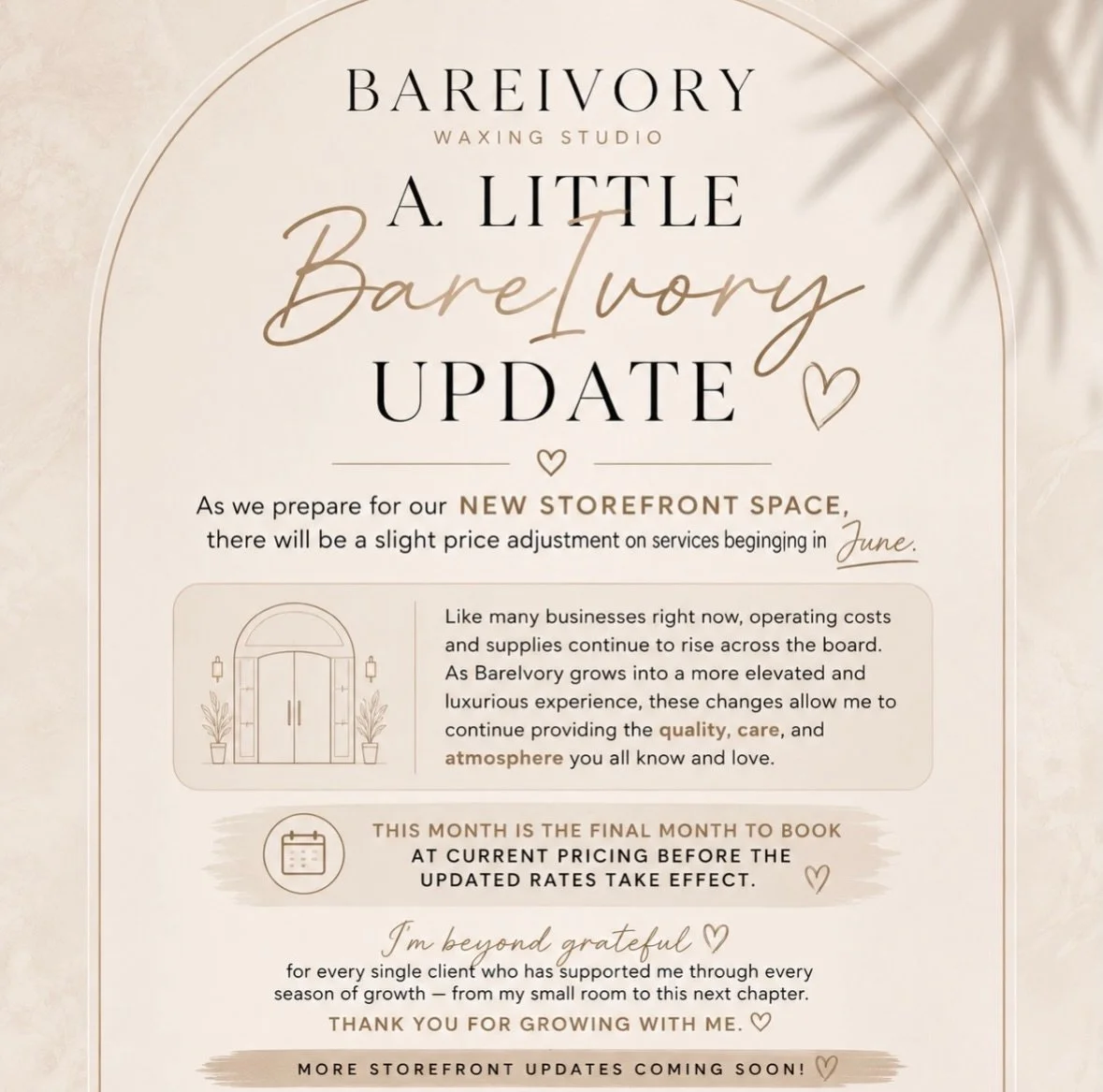 A little BareIvory update 🤍

As we prepare for our new storefront chapter, there will be a slight service price adjustment beginning in June.

Like many businesses right now, operating costs and supplies continue to rise across the board, and as Bar
