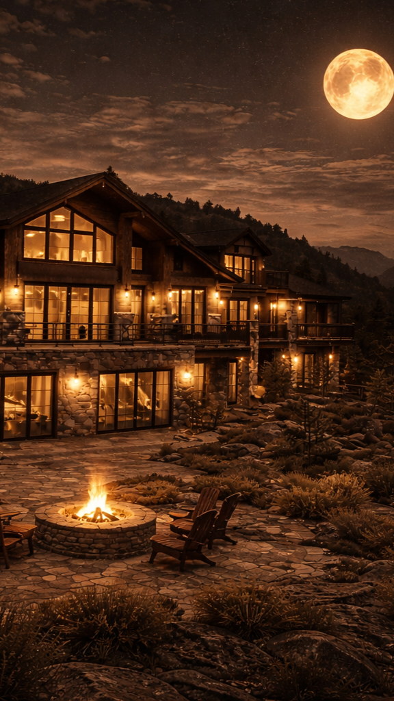 A cozy mountain cabin illuminated at night with a full moon in the sky, overlooking a deck with outdoor seating and a fire pit on a rocky landscape.
