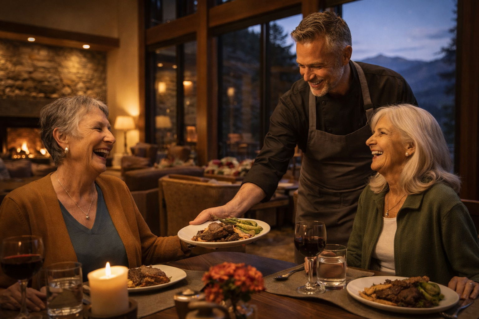 A chef serving dinner to two elderly women at a restaurant table, everyone smiling and enjoying their meal in a cozy, warmly lit setting with large windows showing a mountain landscape.