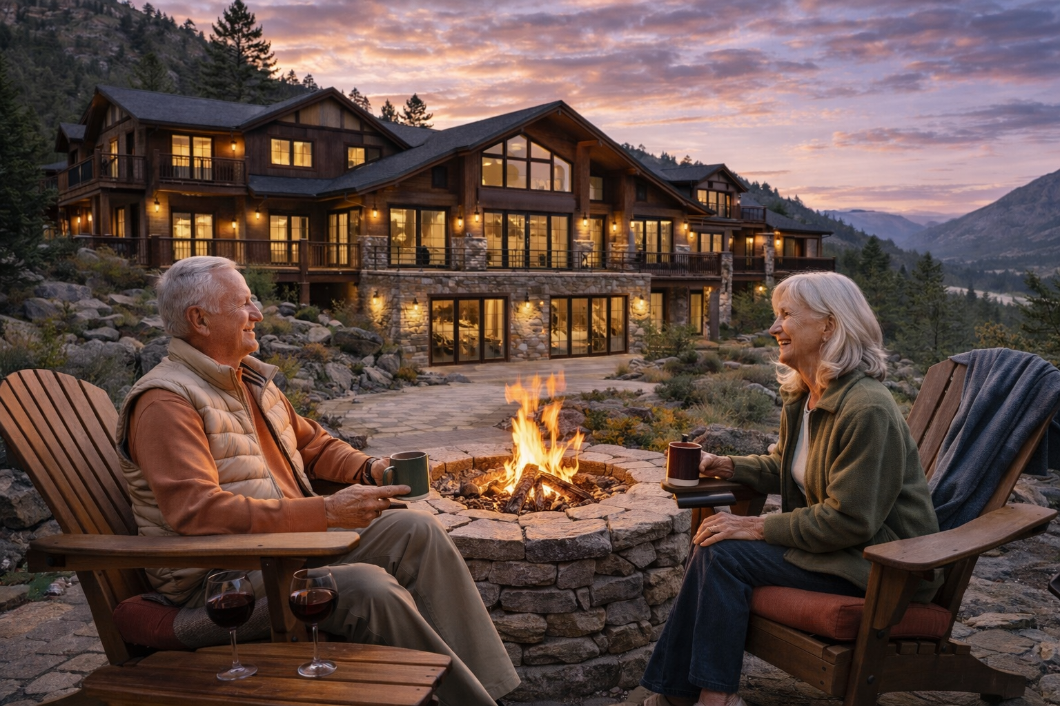 An elderly couple sitting by a fire pit, smiling and having coffee outdoors at sunset, in front of a large house in a mountain setting.