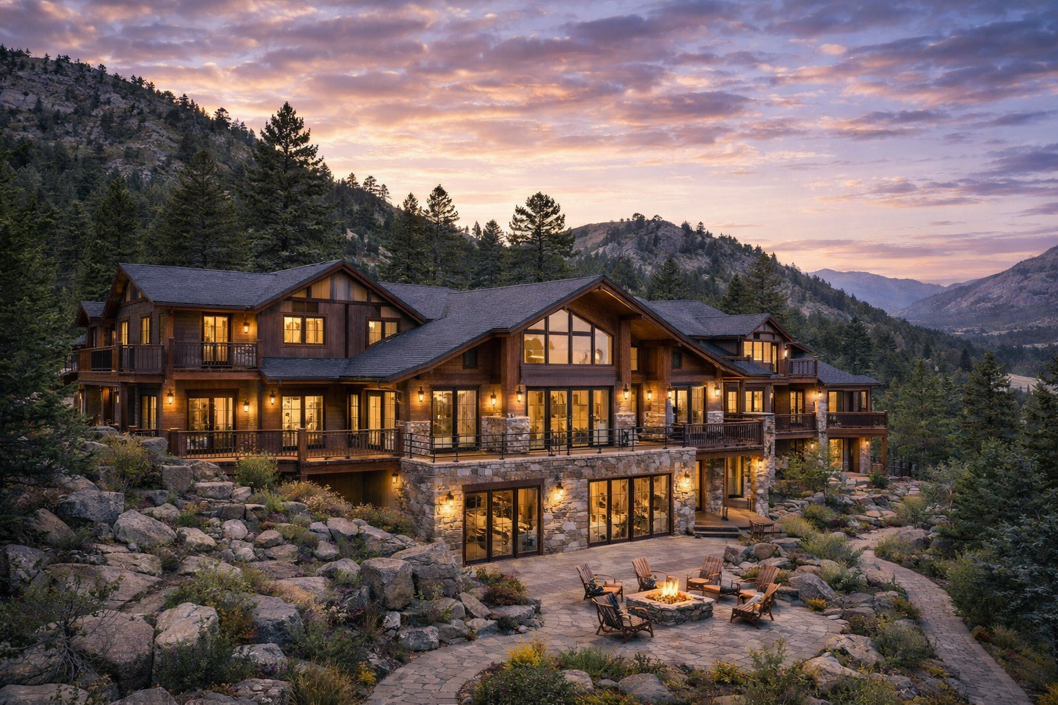 Large mountain house with wooden exterior, multiple lit windows, and outdoor fire pit surrounded by chairs, nestled in a rocky, wooded landscape at sunset.