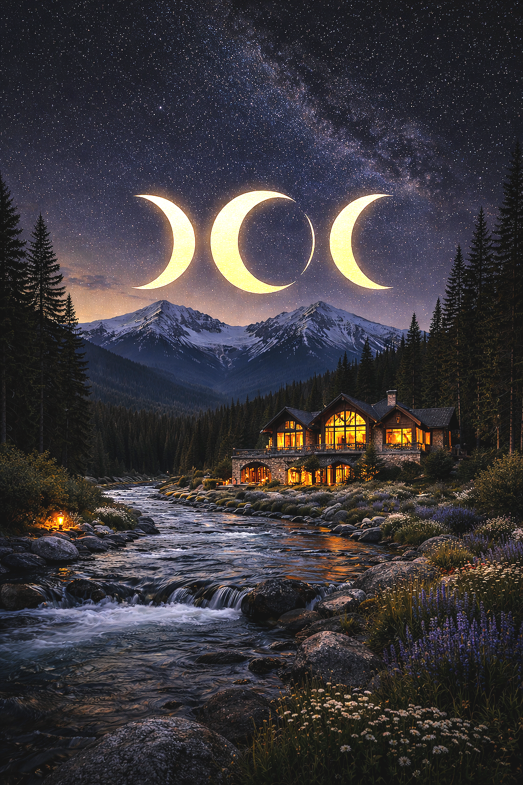 A night scene of a mountain landscape with a cabin illuminated from within, a flowing river in the foreground, a forest of pine trees, snow-capped mountains, and the Milky Way galaxy in the starry sky above. Overlaid are three glowing crescent moons and a full moon silhouette.