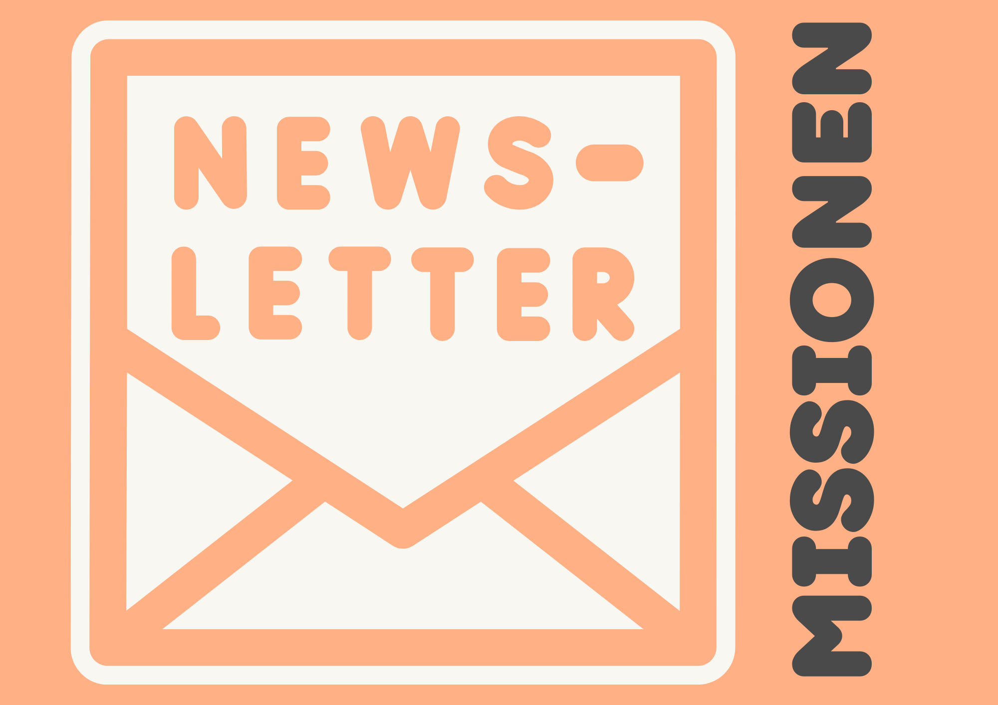 Grafik mit einem Briefumschlag und der Aufschrift 'NEWS LETTER', der von einem orangefarbenen Hintergrund umgeben ist. Die vertikale Beschriftung auf der rechten Seite lautet 'NEWSLETTER'.