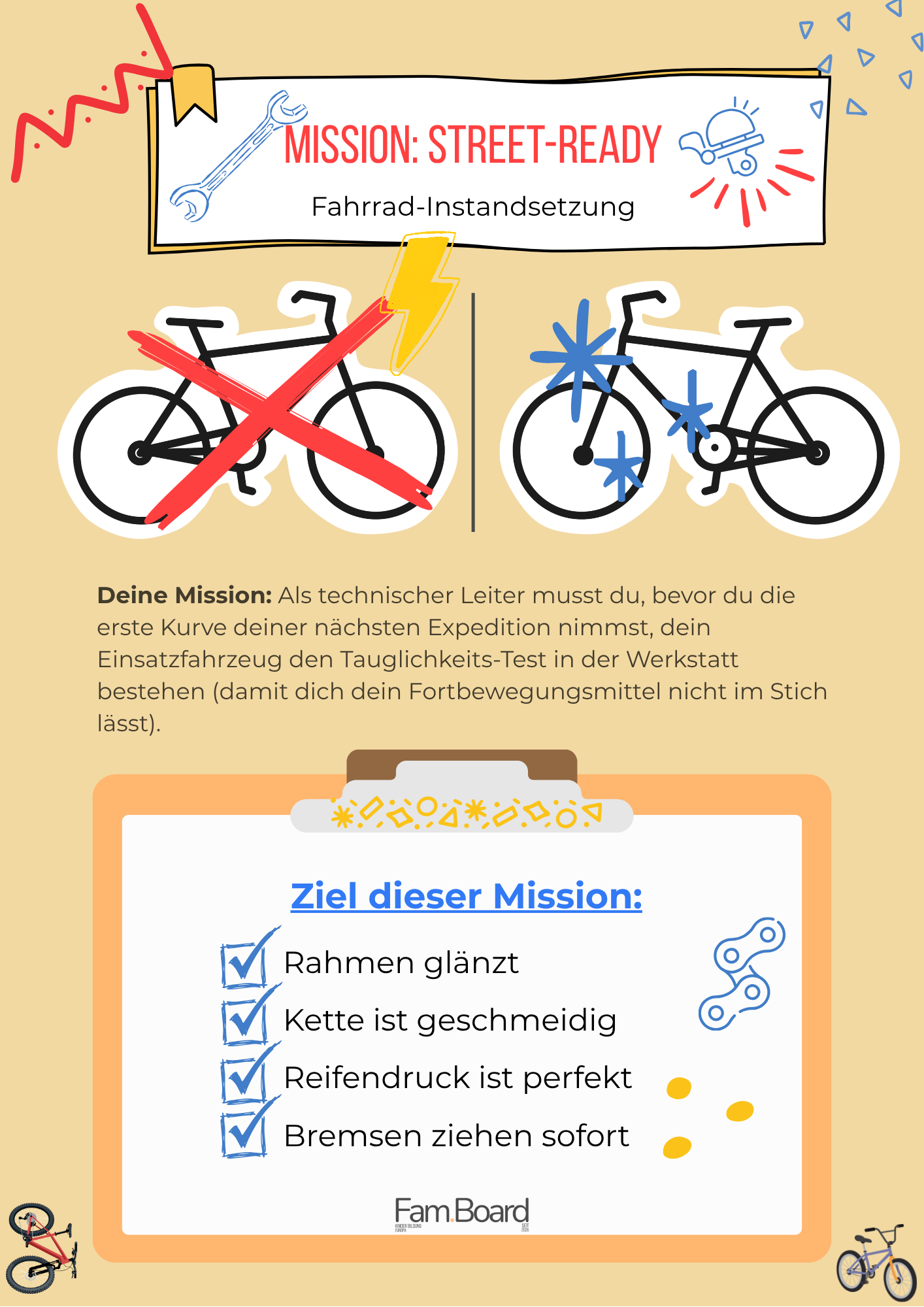 Infografik mit der Aufschrift ‚Mission: Street-Ready‘ und einer Überschrift ‚Fahrrad-Instandsetzung‘, die ein Fahrrad zeigt, das repariert werden soll, mit einem Kreuz darüber. Unten sind Aufgaben aufgelistet, die ein technischer Leiter erledigen muss, um die nächste Expedition vorzubereiten, wie das Fahrrad auf Tauglichkeitstest vorzubereiten. In der unteren Hälfte gibt es einen Bereich für eine Unterschrift mit der Überschrift ‚Ziel dieser Mission‘ und einer To-Do-Liste mit Häkchen bei Pfeil, Kette, Reifendruck, Bremsen, Kette fett, Kette locker, Bremsen sofort ziehen.