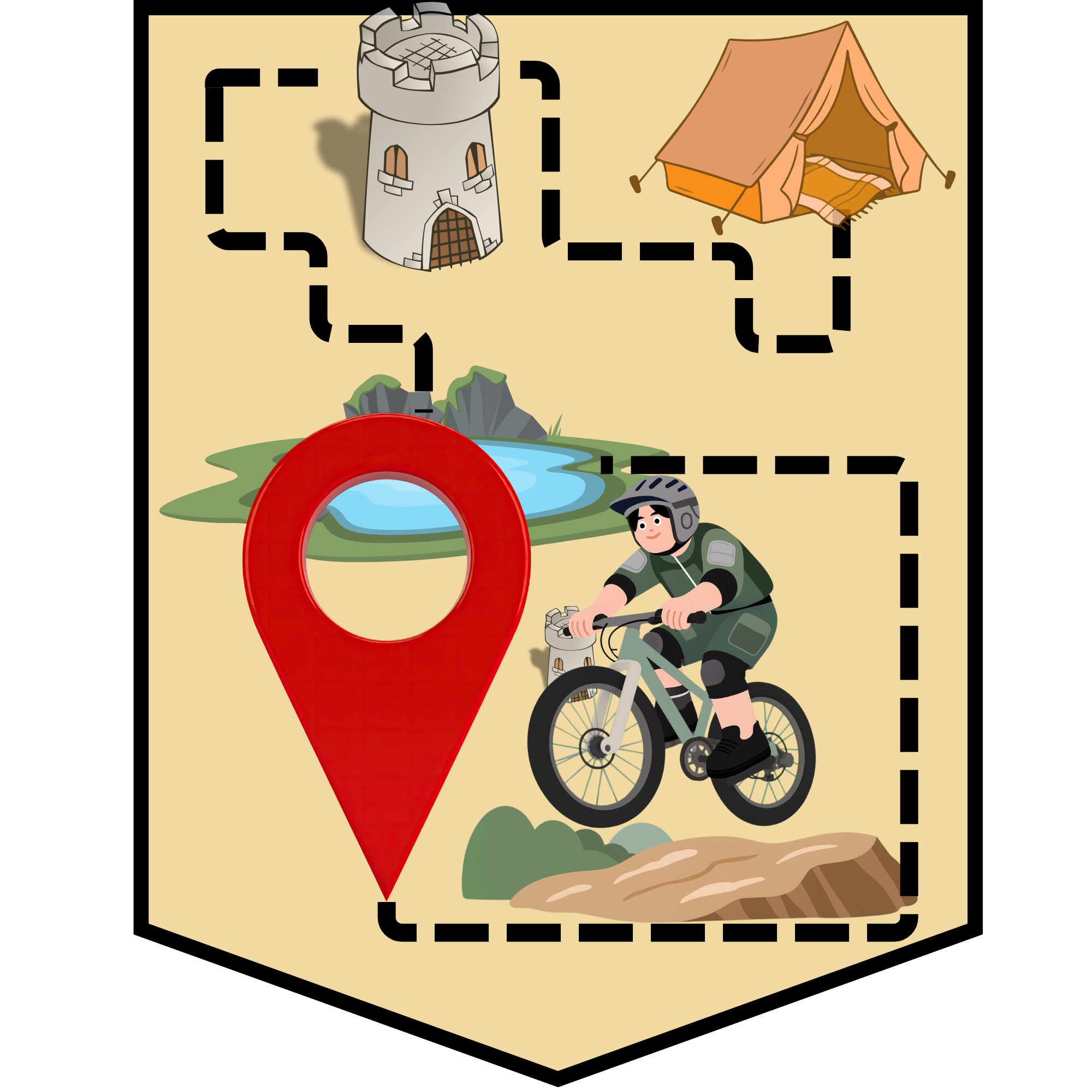 Ein illustriertes Bild eines Campingplatzes mit einer Burg, einem Zelt, einem See, einem Motorrad, und einem Radfahrer.
