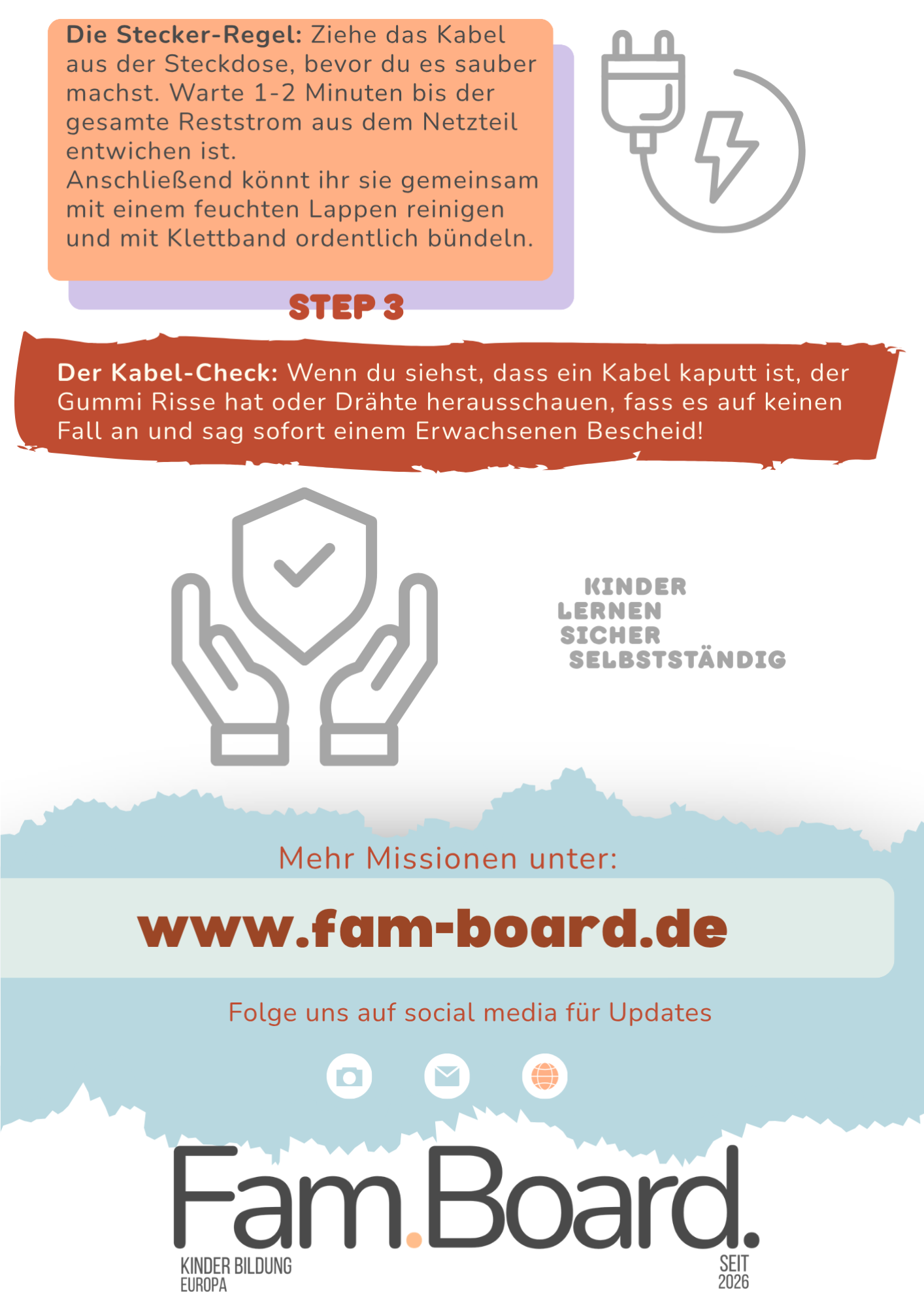 Infografik mit Anweisungen zur sicheren Handhabung von Stromkabeln, inklusive Steckdosenregeln und Kabel-Check, sowie Hinweise auf die Webseite www.fam-board.de und Social-Media-Updates.
