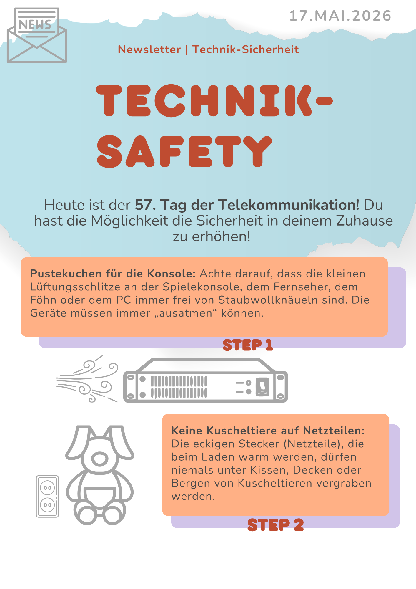 Digitale Infografik über Sicherheit im Zusammenhang mit Telekommunikation am 17. Mai 2026, mit Schritt-für-Schritt-Anweisungen zur sicheren Nutzung von Elektronik und Geräten, inklusive Symbole und Illustrationen von einem Radio, Kuscheltiere, Steckdosen und einem Smartphone.