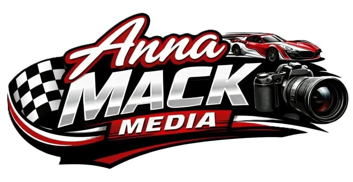 Logo for Anna Mack Media featuring a checkered racing flag, a red sports car, and a camera, with bold stylized text.